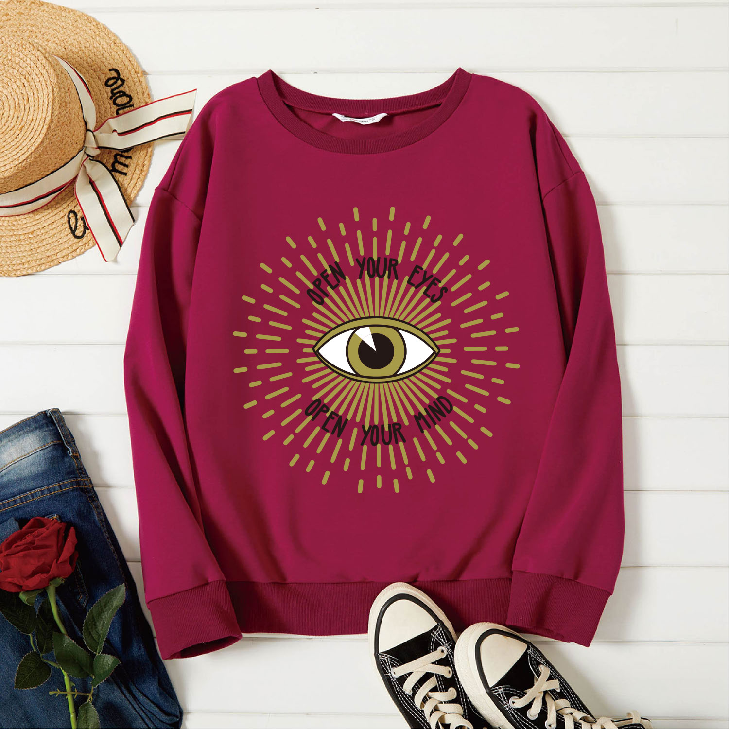 

Graphic Burgundy Long-sleeve Pullover For Women