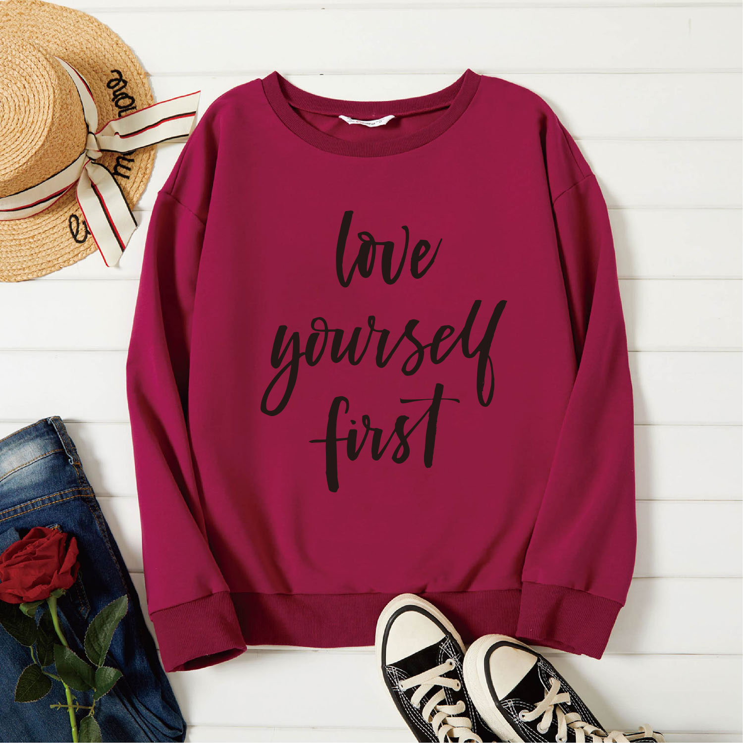 

Graphic Burgundy Long-sleeve Pullover For Women
