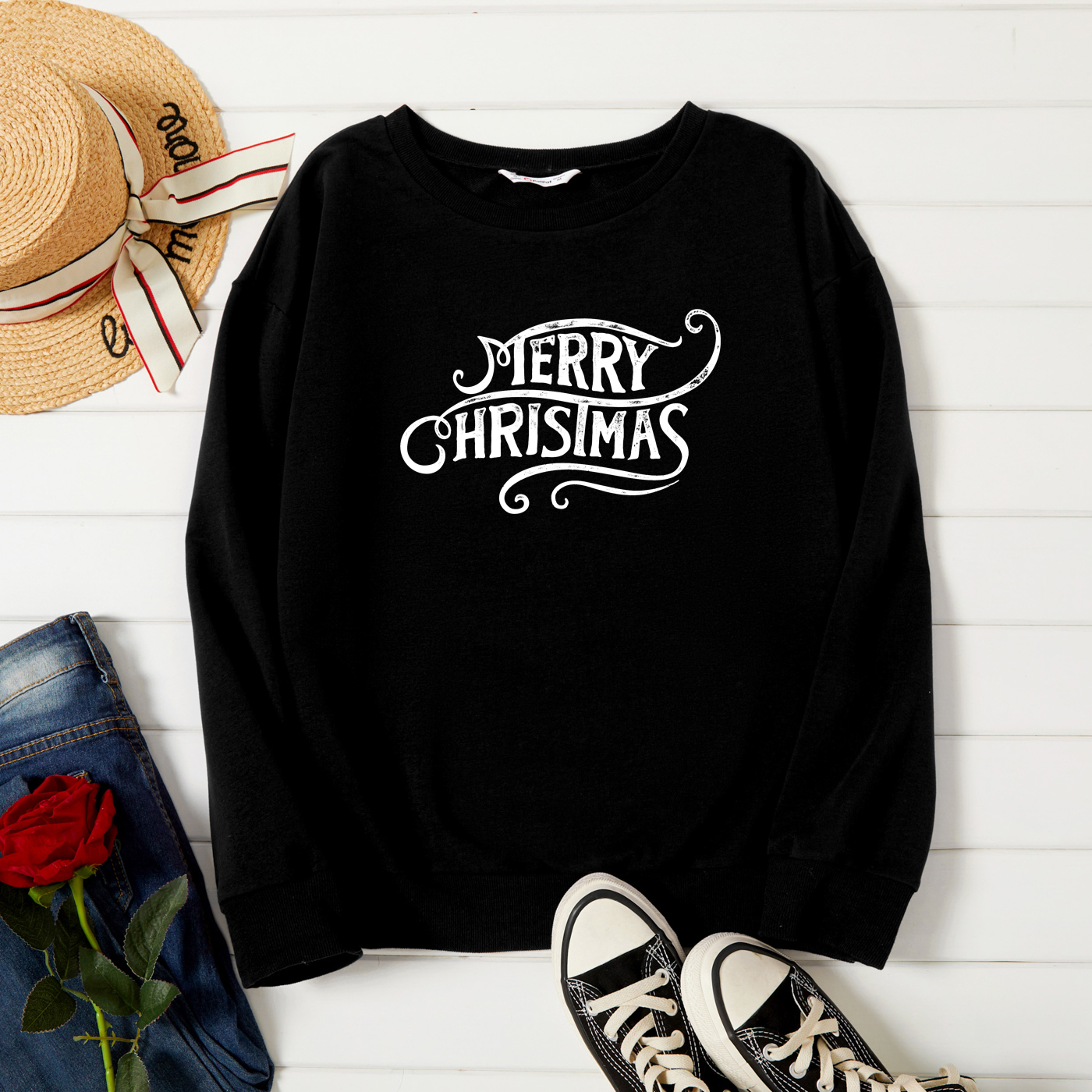 

Graphic Black Long-sleeve Pullover For Women
