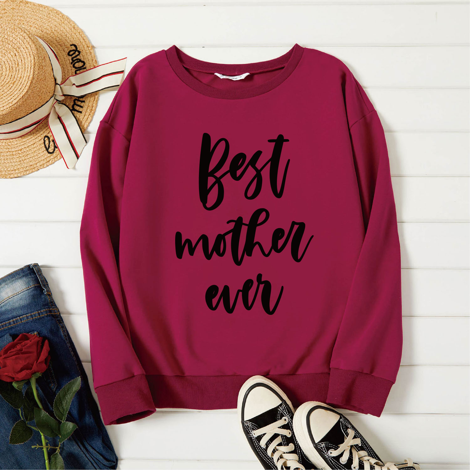 

Graphic Burgundy Long-sleeve Pullover For Women