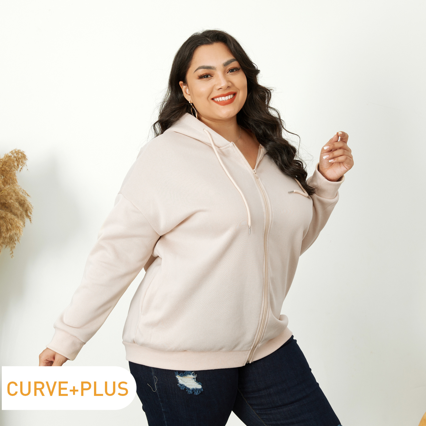 

Women Plus Size Casual Zipper Drawstring Hooded Jacket