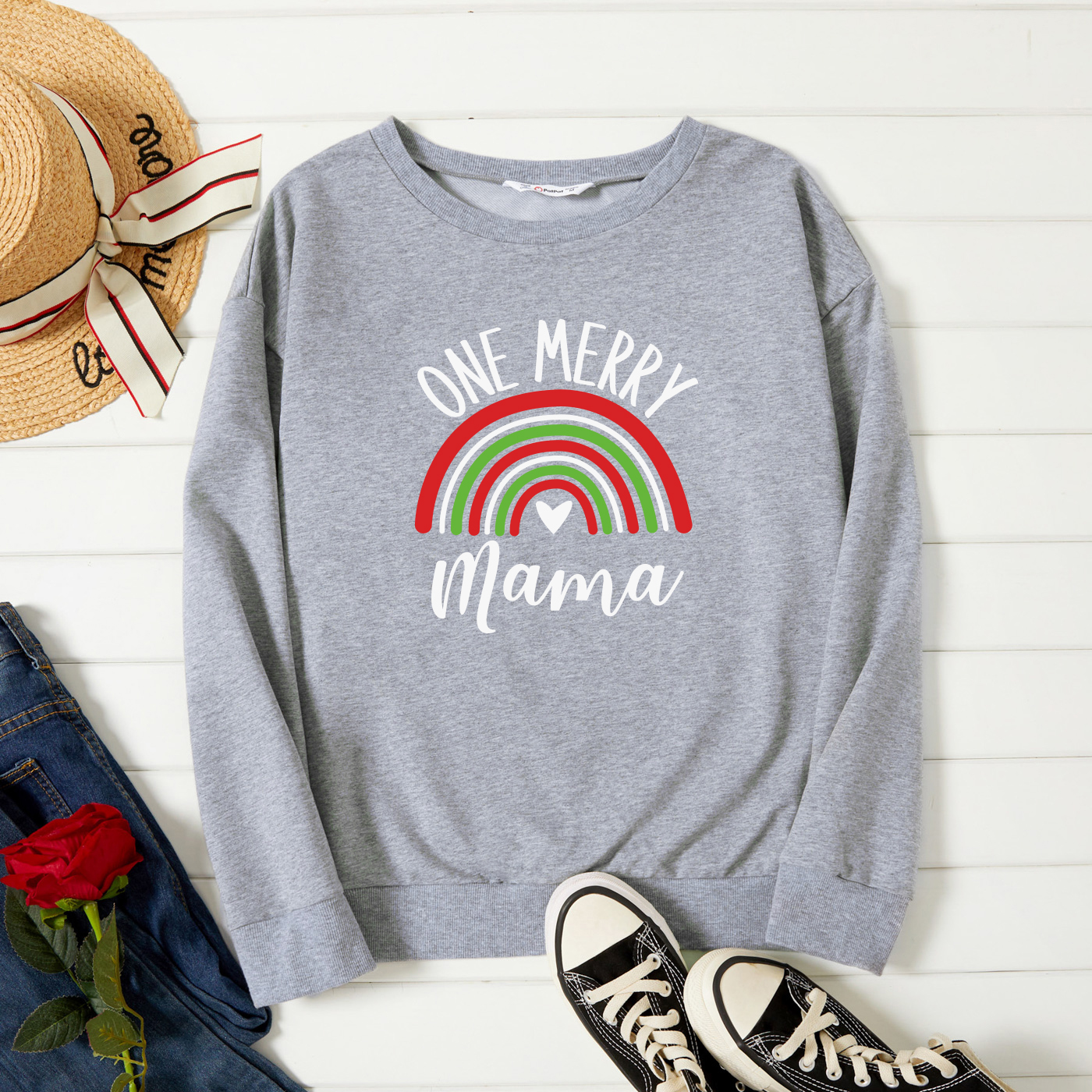 

Graphic Light gray Long-sleeve Round-collar Tee for Women