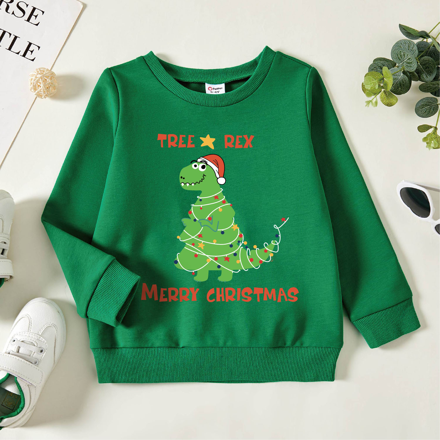 

Christmas Toddler Boy Graphic Dinosaur and Christmas Tree and Letter Print Long-sleeve Pullover
