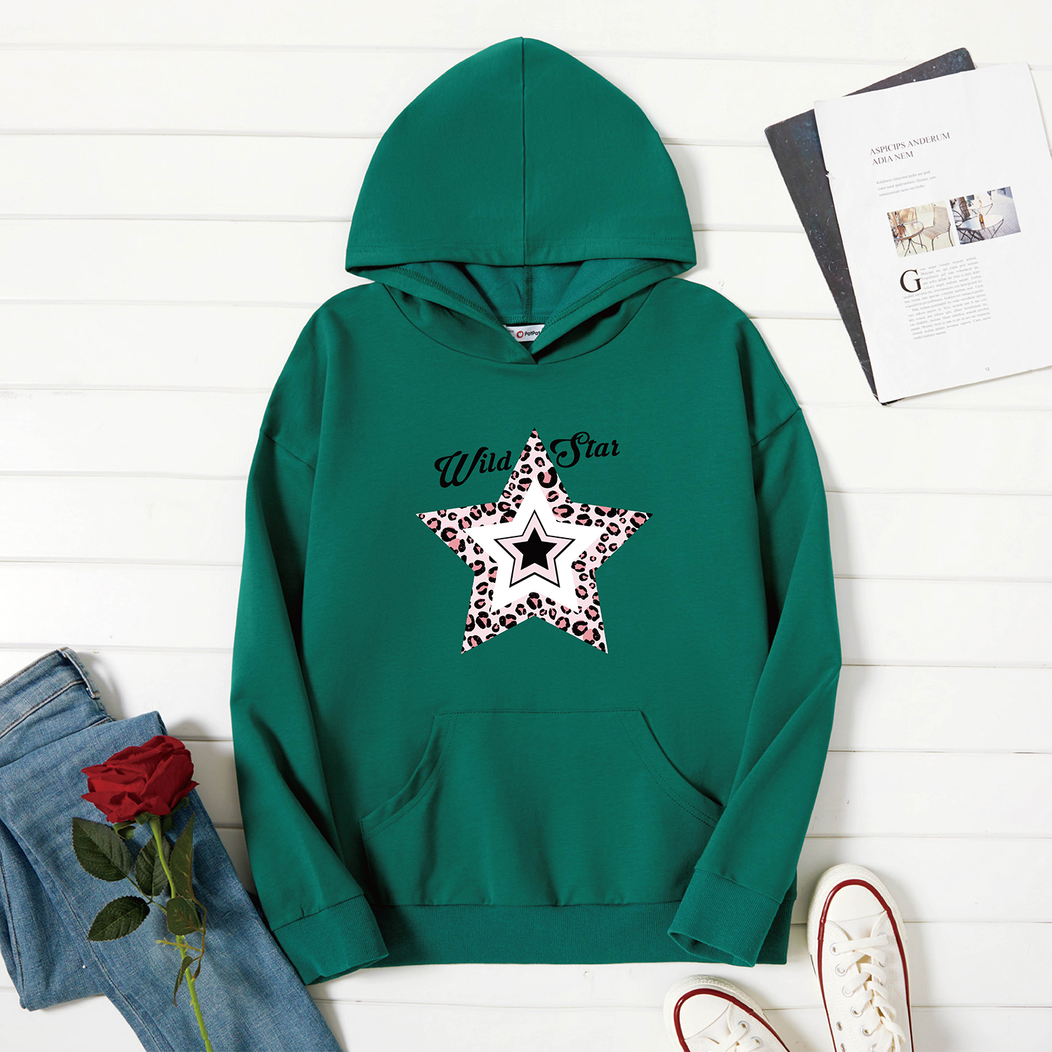 

Graphic Green Long-sleeve Hooded Pullover For Women