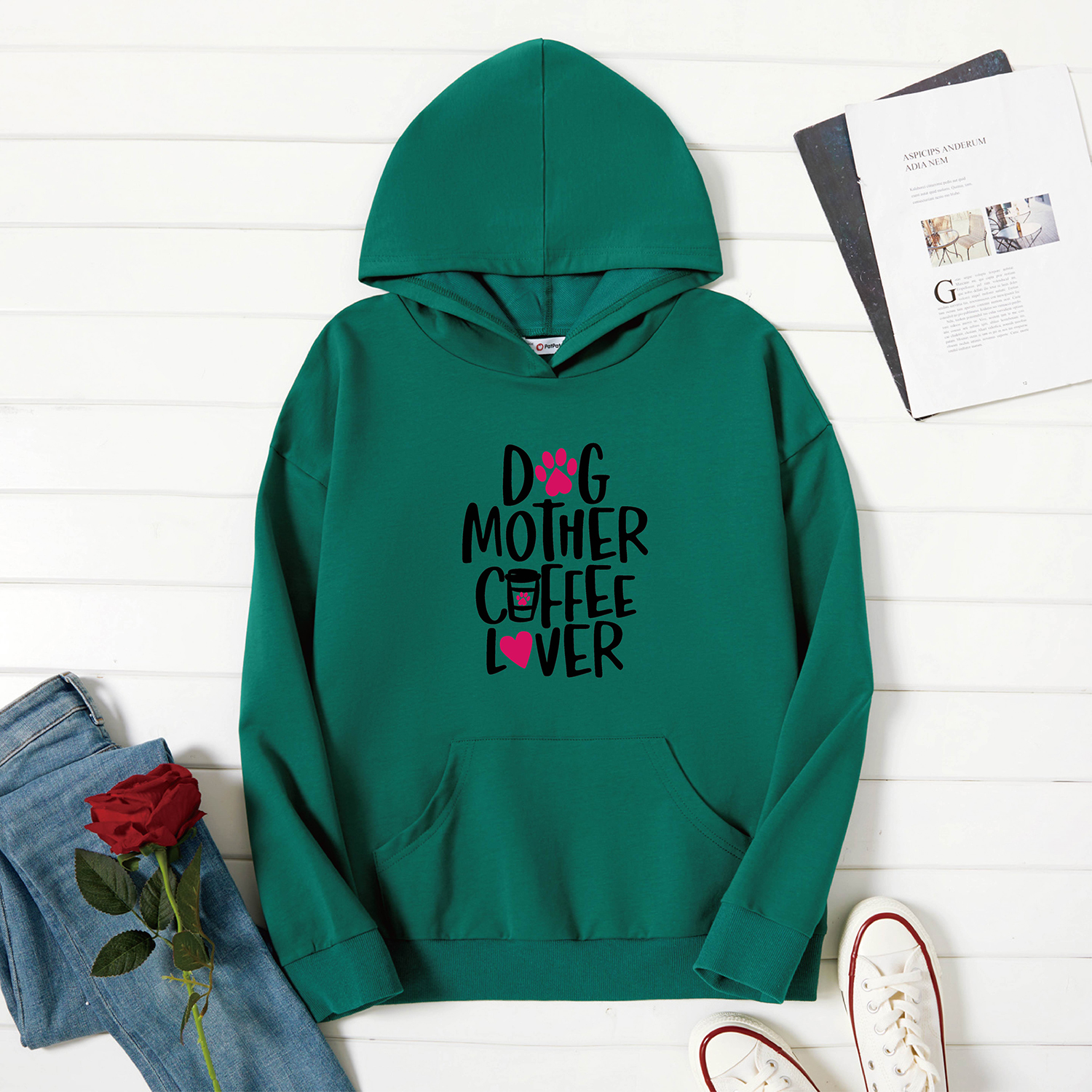 

Graphic Green Long-sleeve Hooded Pullover For Women