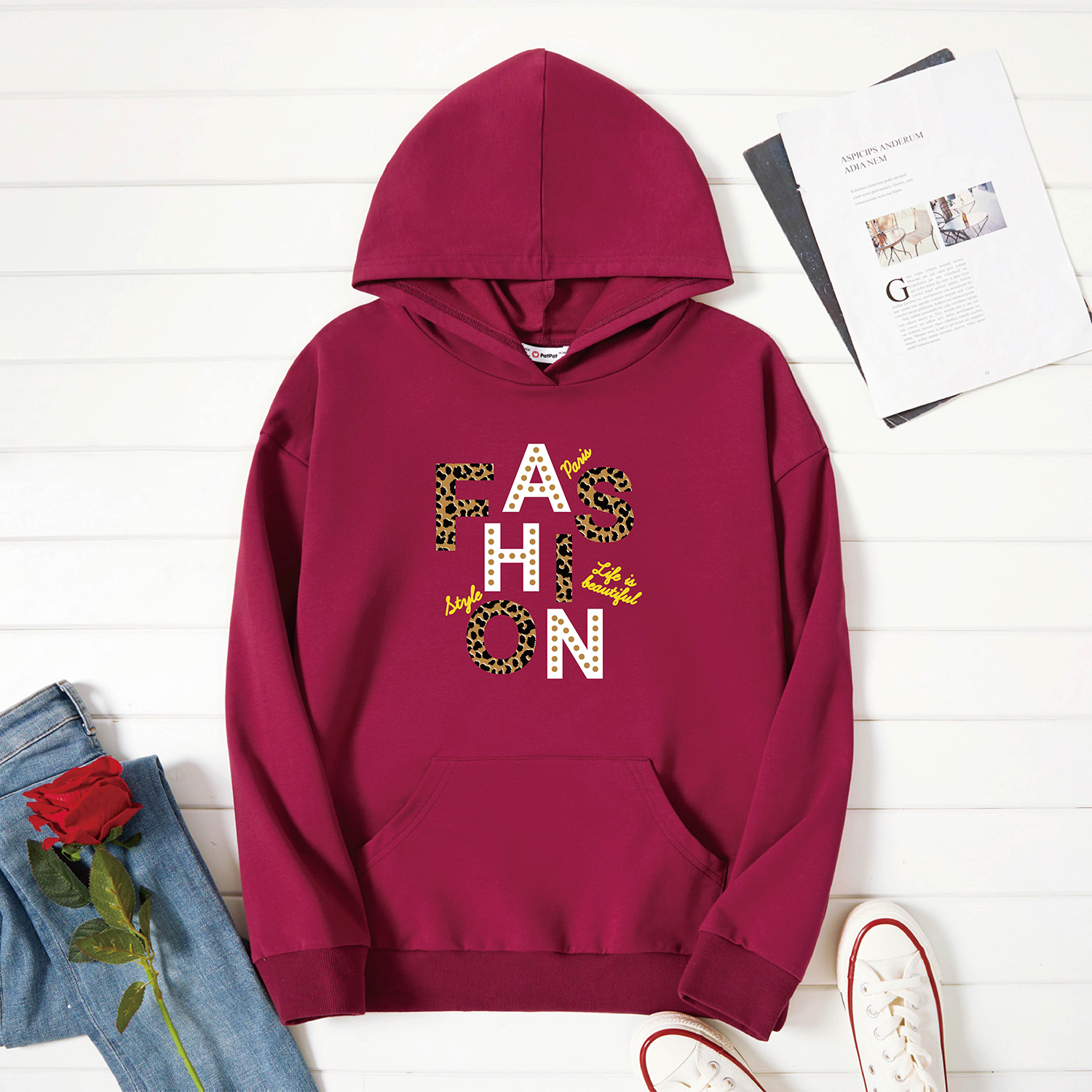 

Graphic Burgundy Long-sleeve Hooded Pullover For Women