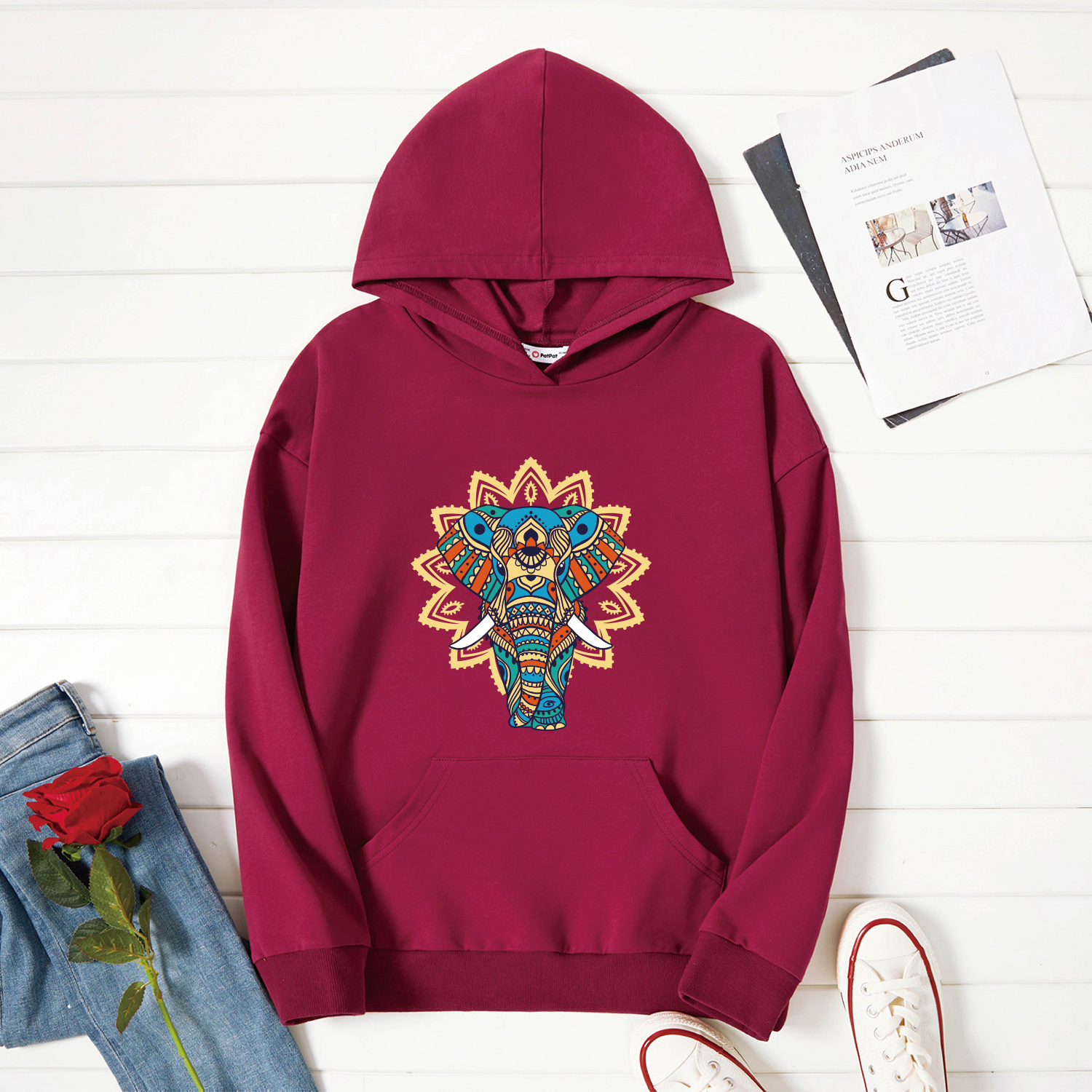 

Graphic Burgundy Long-sleeve Hooded Pullover For Women