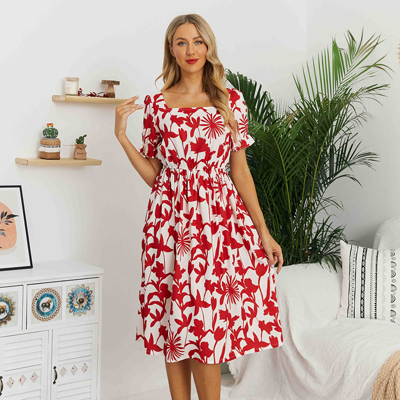 

Lantern Sleeve Short-sleeve Square Collar Red Print Midi Dresses