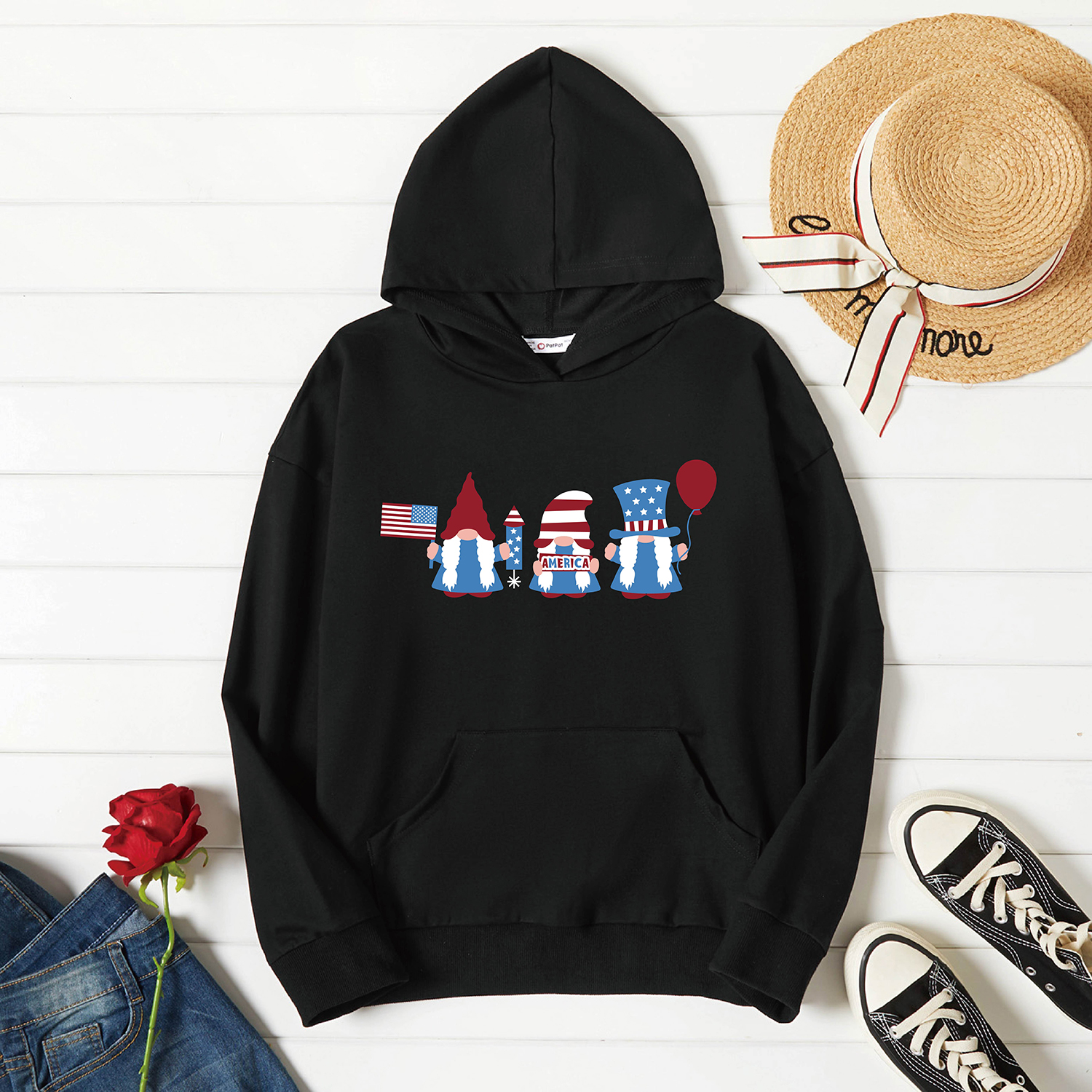 

Graphic Black Long-sleeve Hooded Pullover For Women