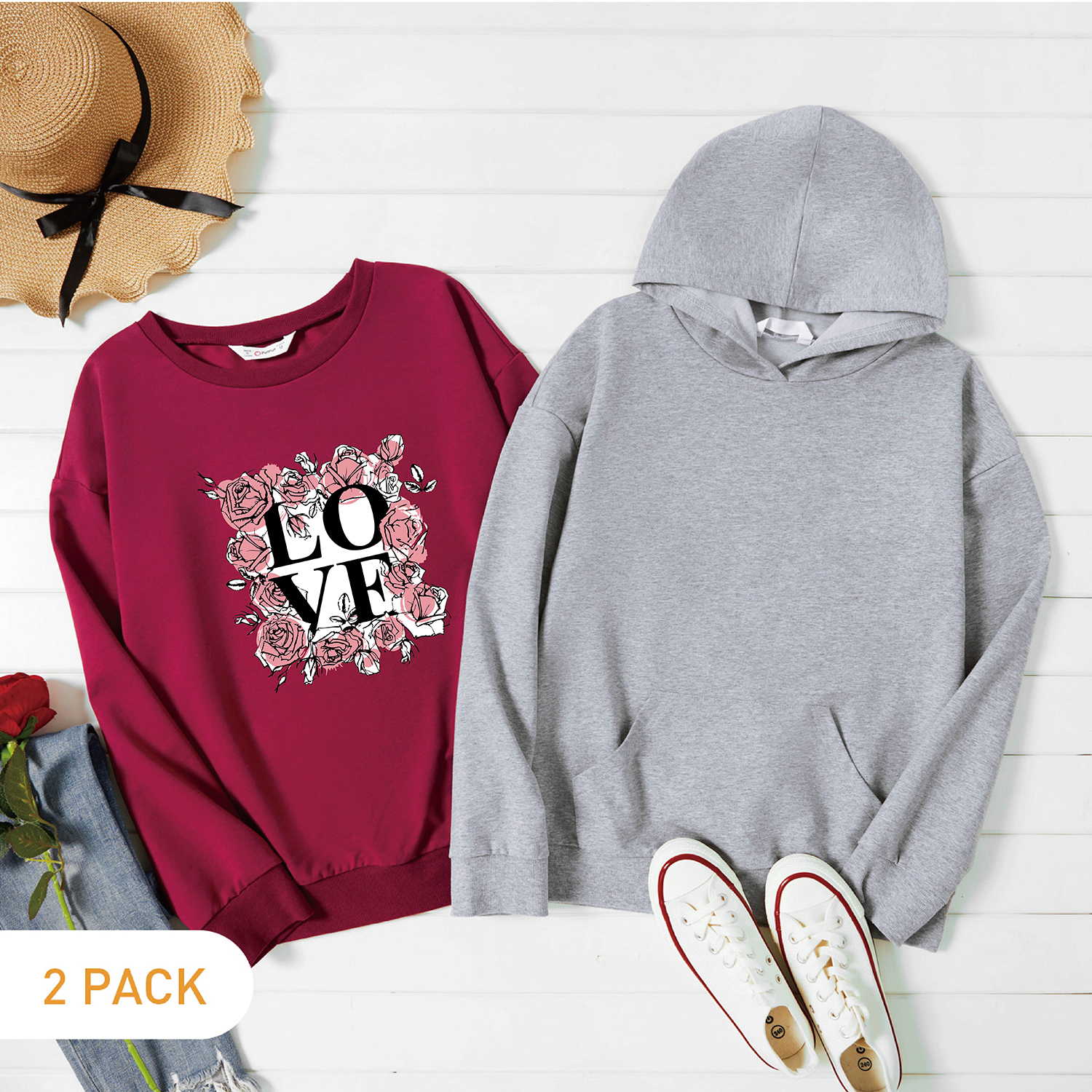 

2-Pack Women Graphic Letter and Rose Print Round-collar Long-sleeve Pullover & Hooded Pullover Set