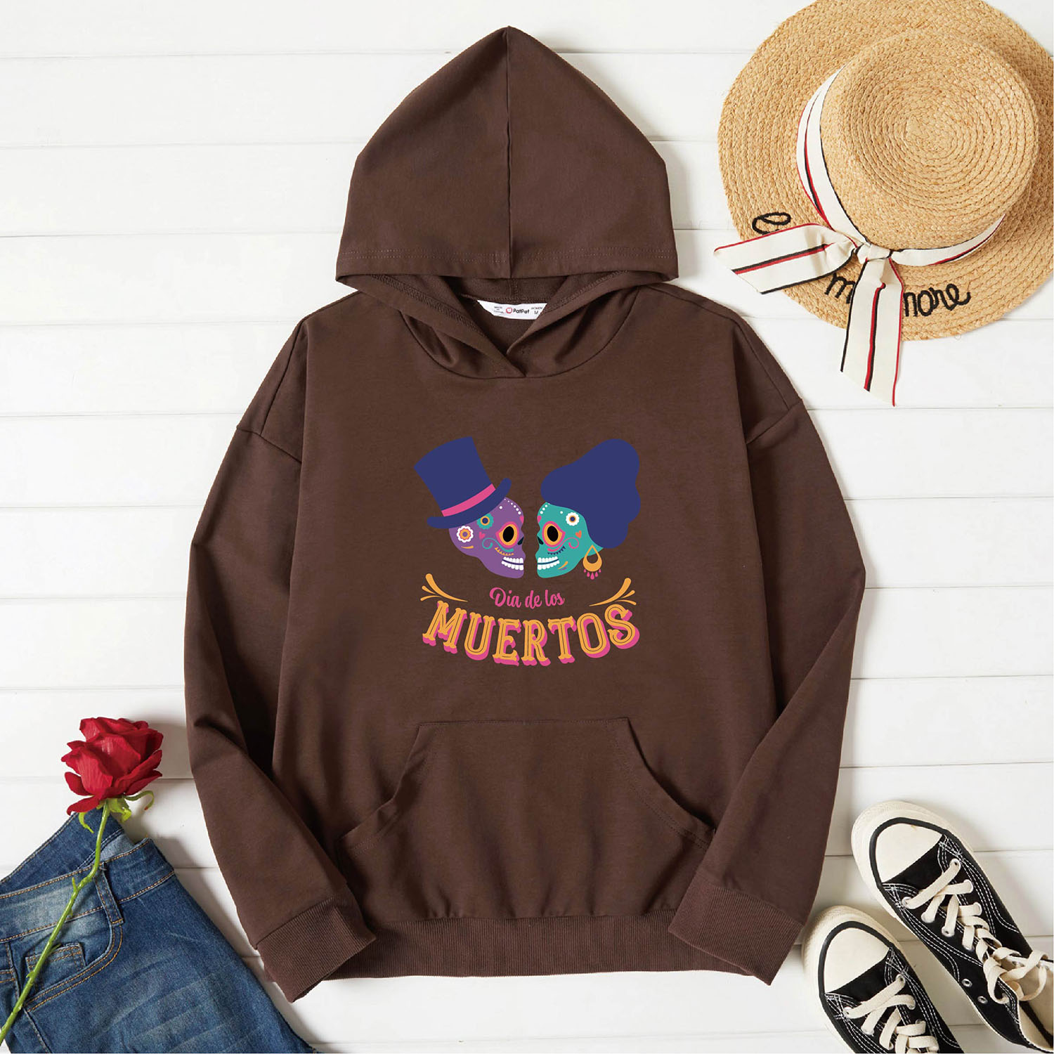 

Graphic Brown Long-sleeve Hooded Pullover For Women