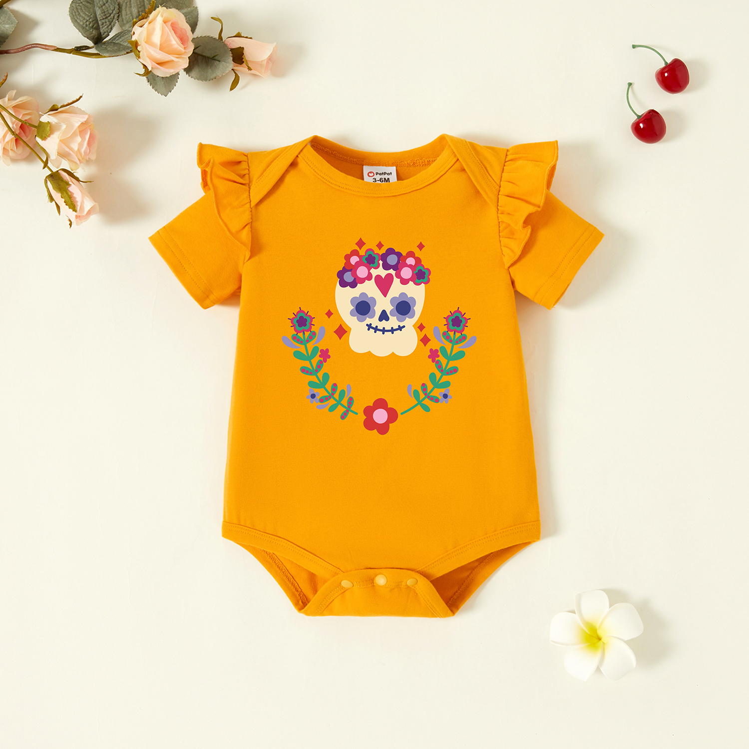 

Baby Girl Graphic Skeleton and Floral Print Ruffled Short-sleeve Romper