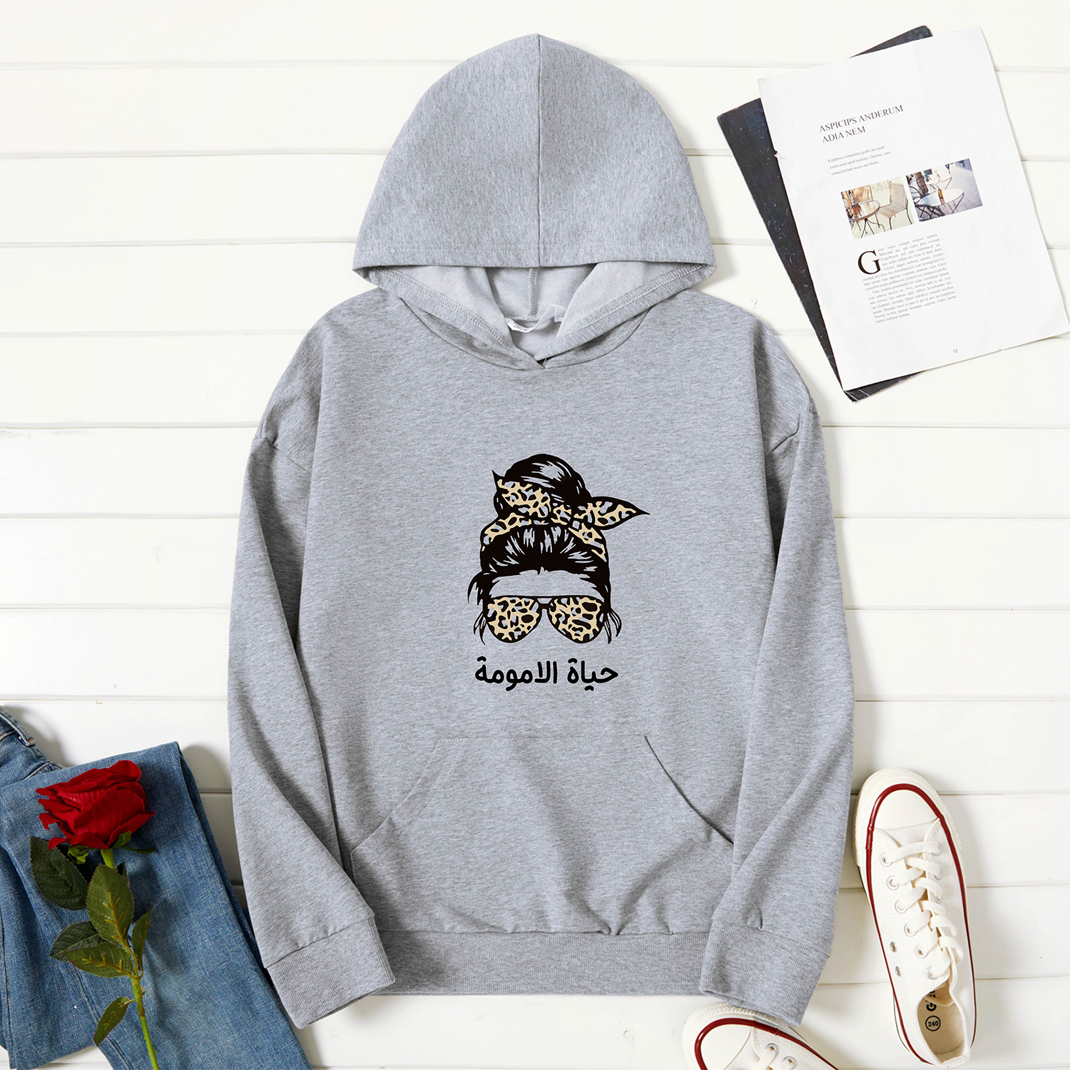 

Graphic Light gray Long-sleeve Hooded Pullover For Women