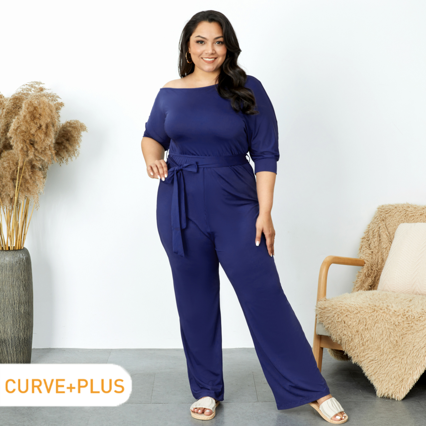 

Women Plus Size Casual One Shoulder Belted Dark Blue Jumpsuit
