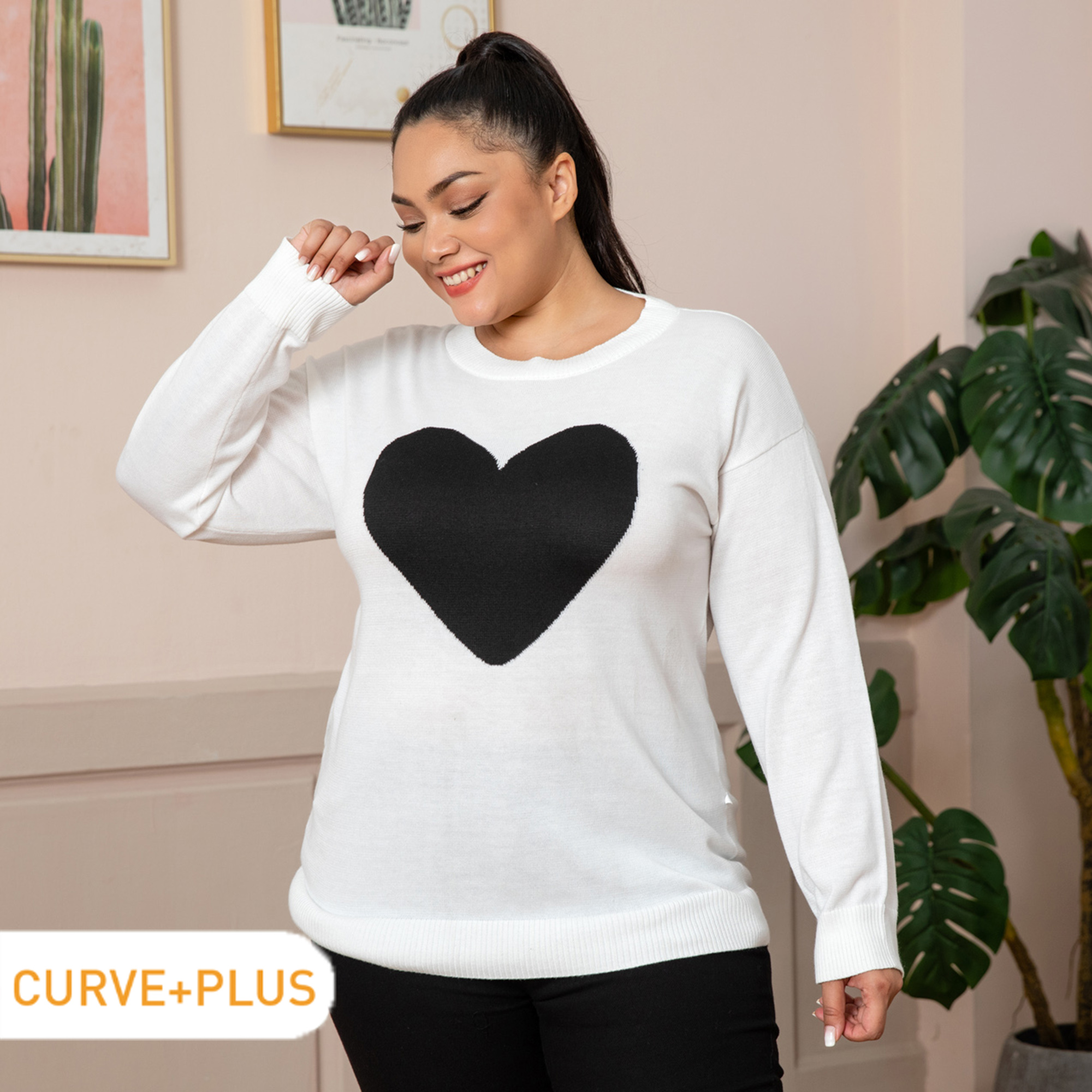 

Women Plus Size Heart Print Casual Knit Sweater