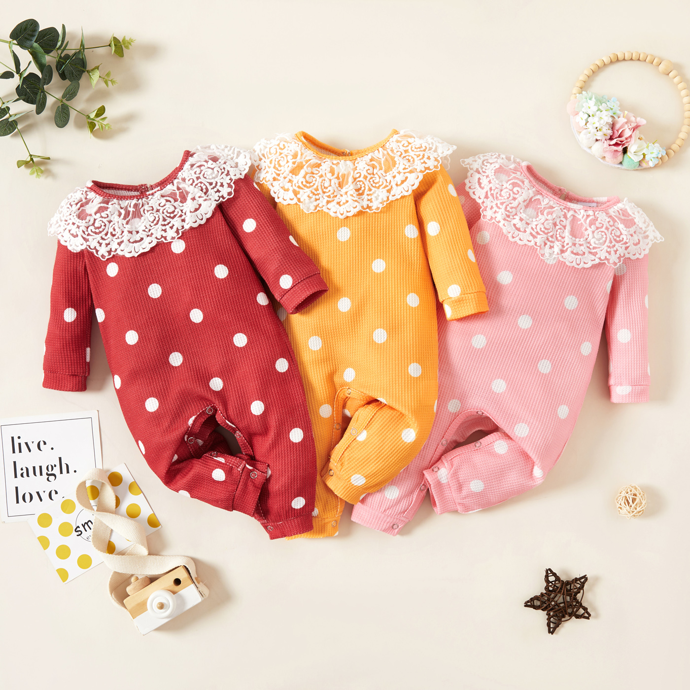 

Baby Girl Polka Dot Print Lace Ruffle Collar Long-sleeve Jumpsuit
