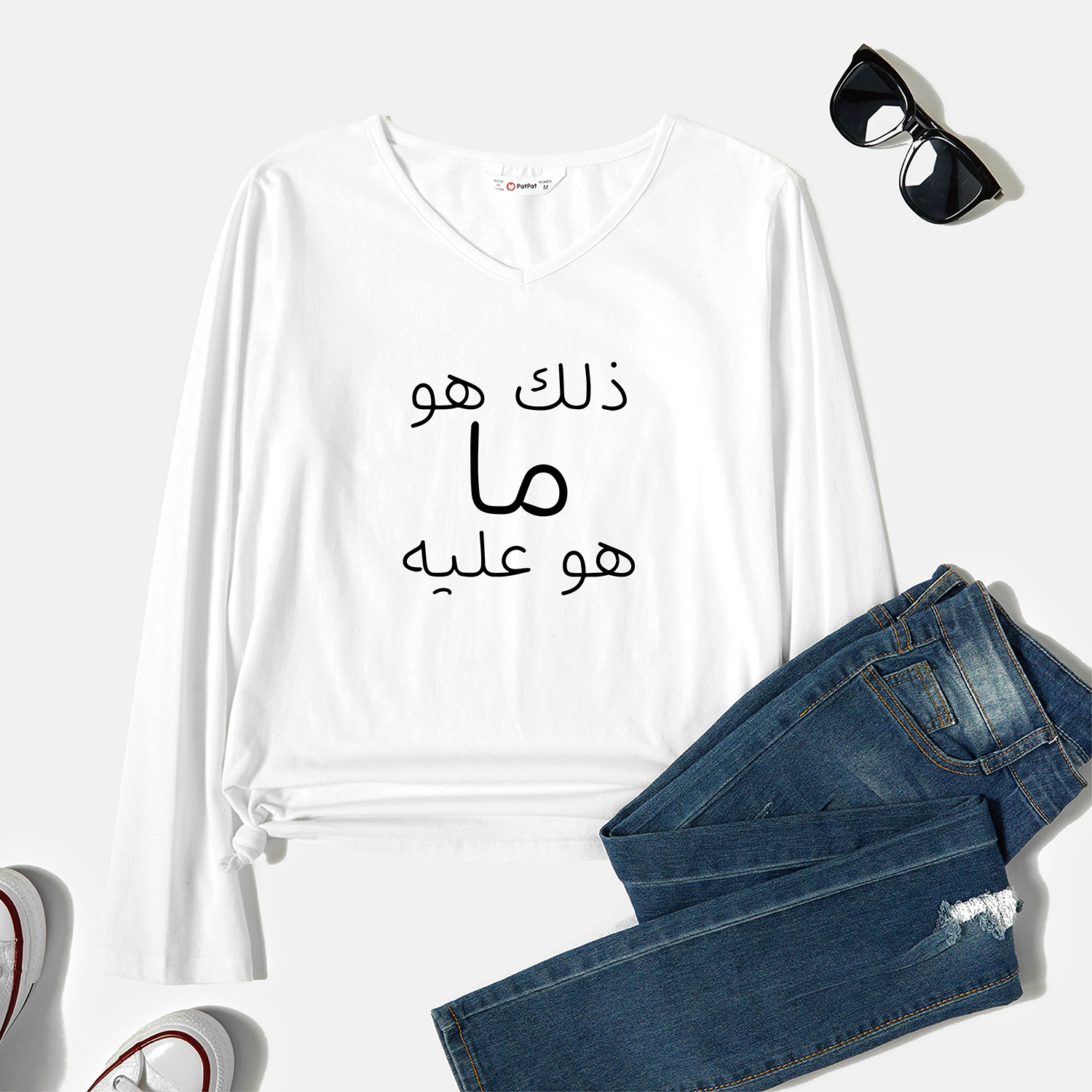 

Graphic White Long-sleeve V Neck Tee for Women