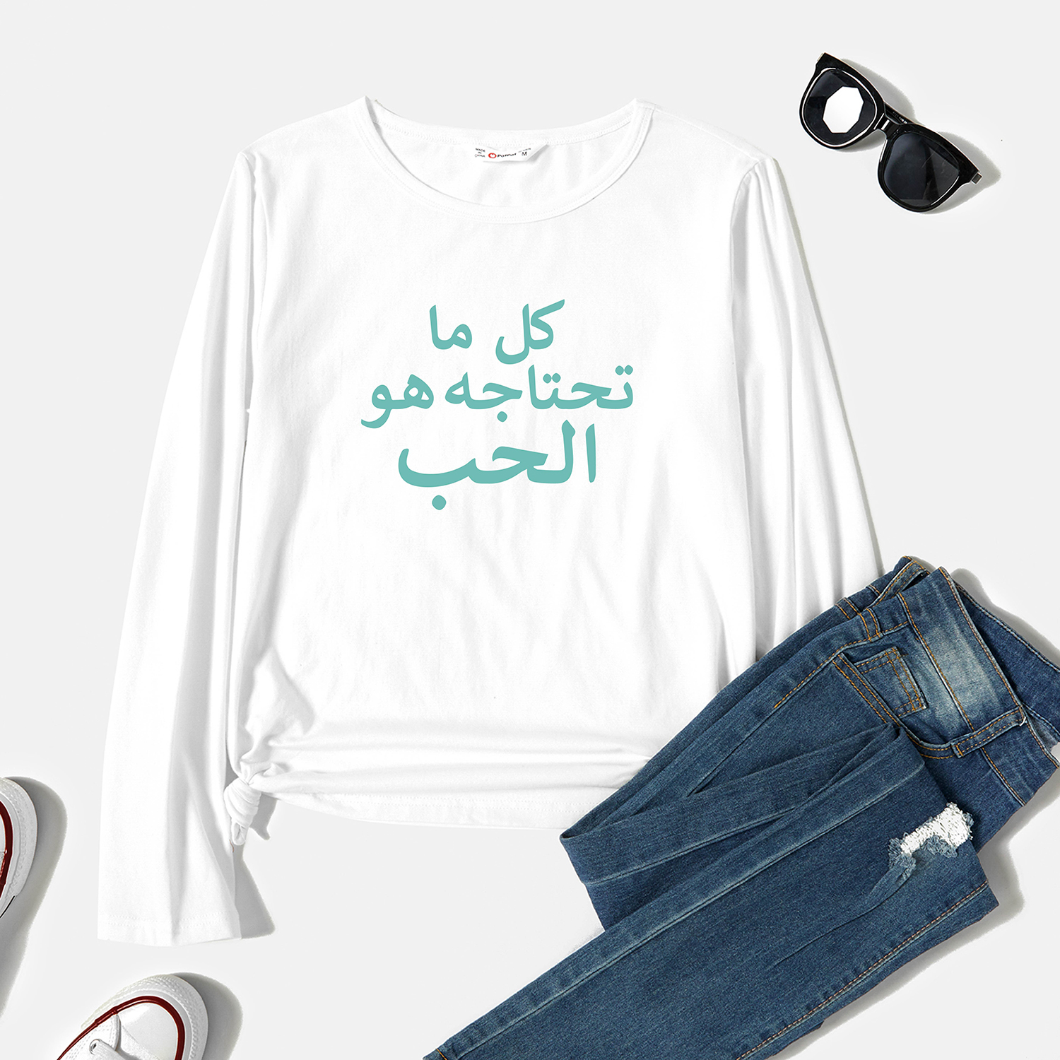 

Graphic White Long-sleeve Round-collar Tee for Women