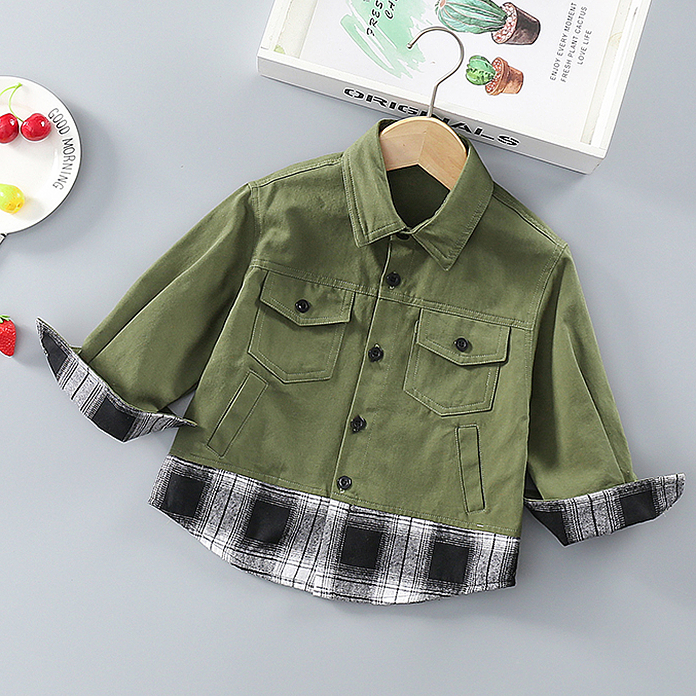 

Toddler Boy Button Design Plaid Dark Green Long-sleeve Shirt