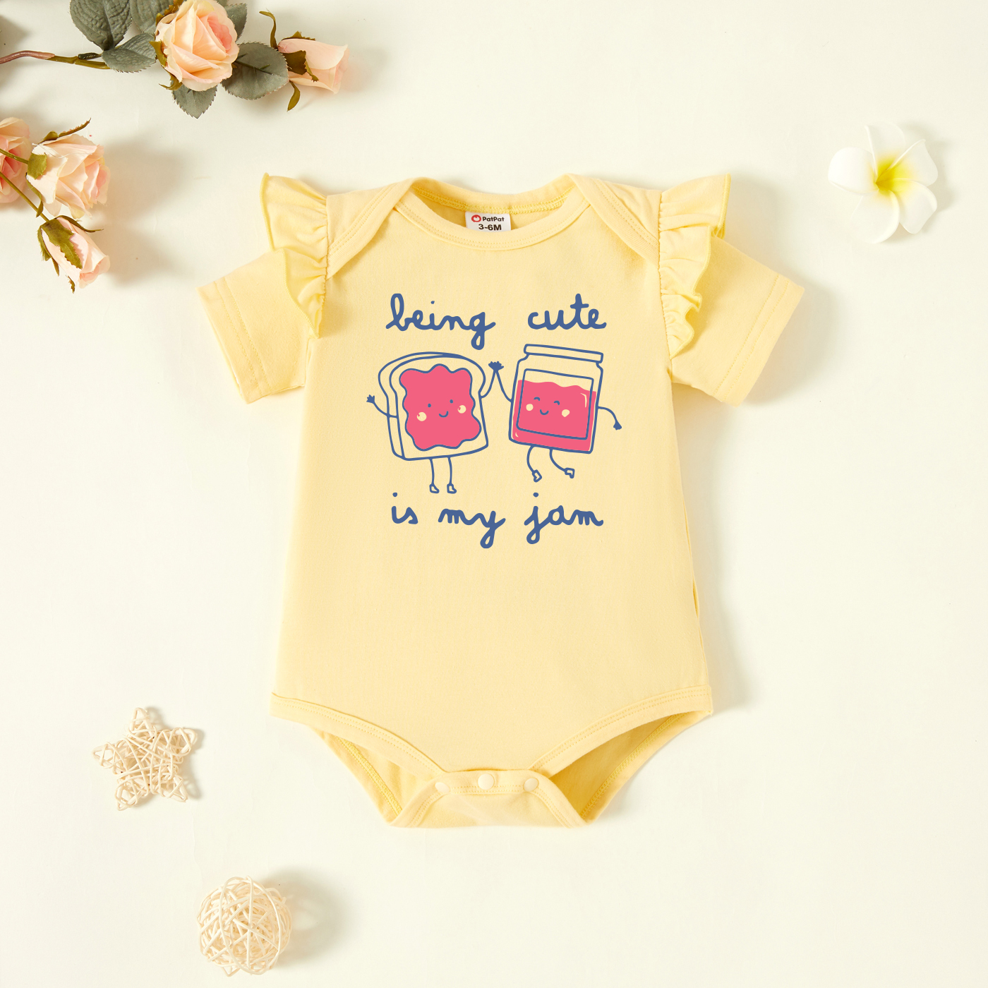 

Baby Graphic Flutter-sleeve Beige Short-sleeve Romper