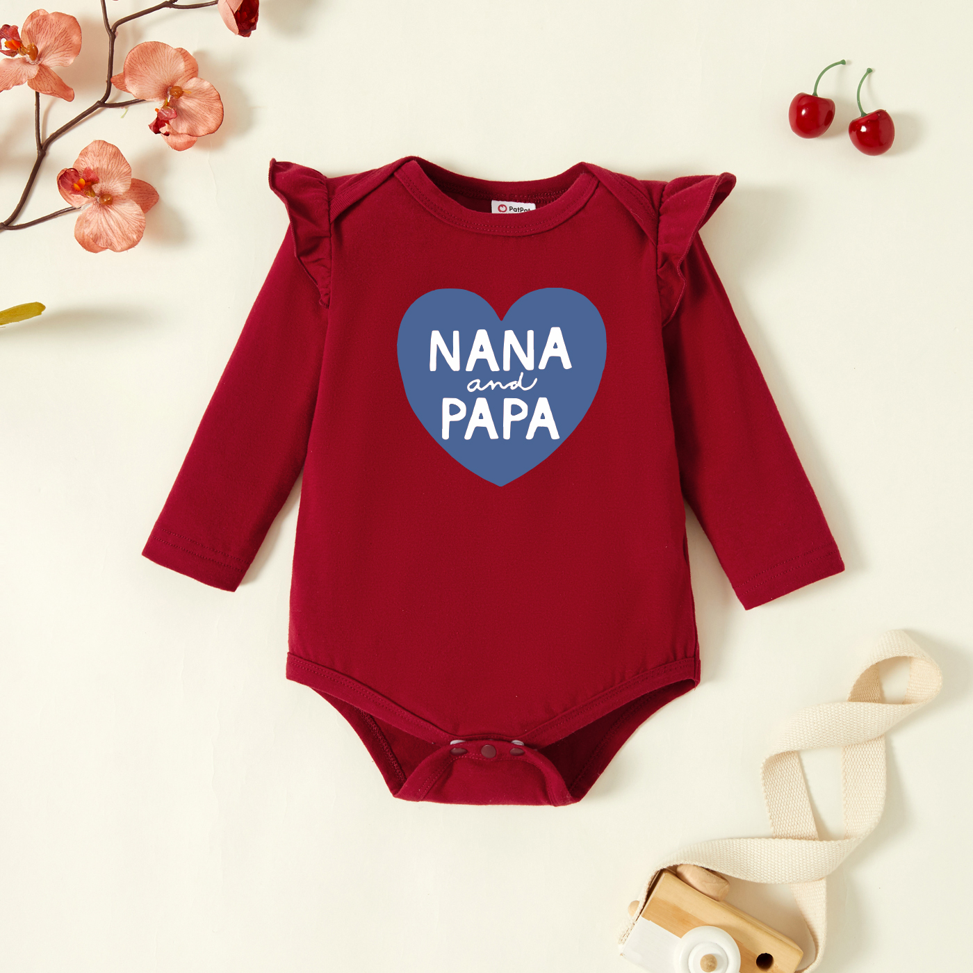 

Baby Graphic Flutter-sleeve Burgundy Long-sleeve Romper
