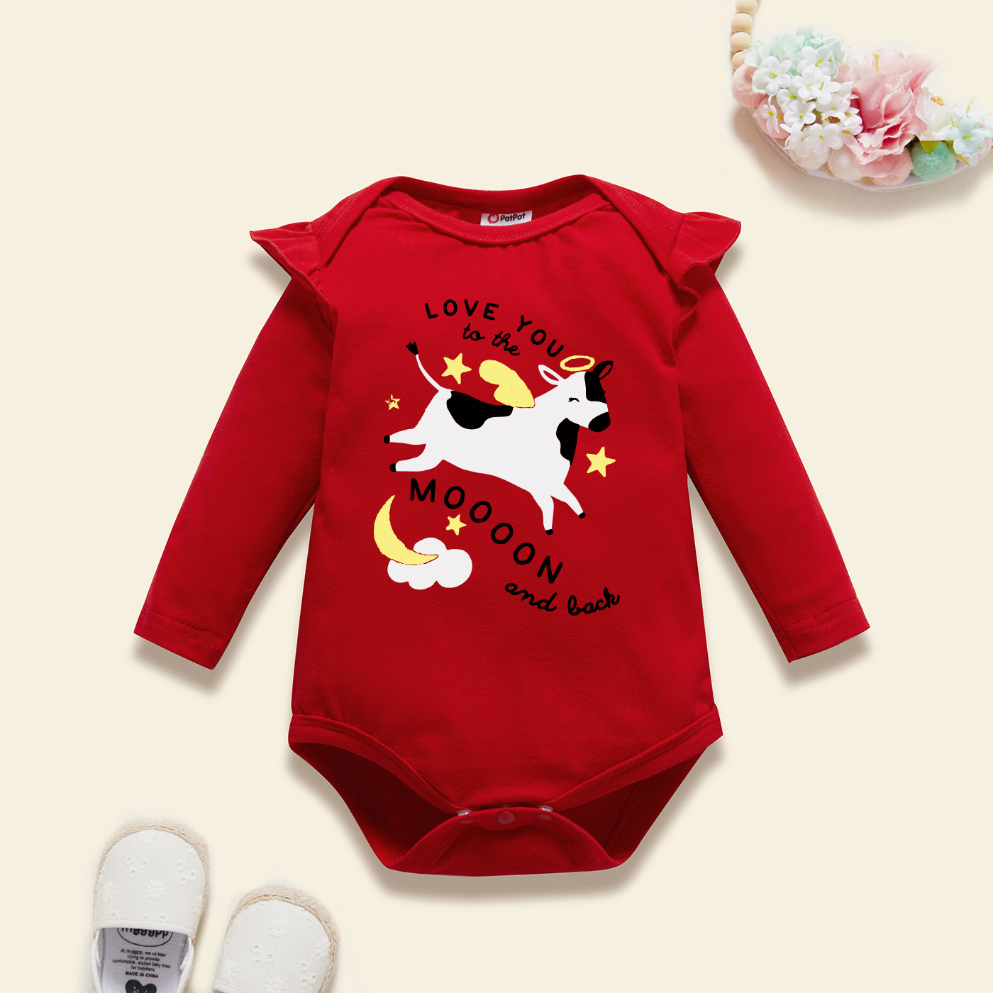 

Baby Graphic Flutter-sleeve Red Long-sleeve Romper