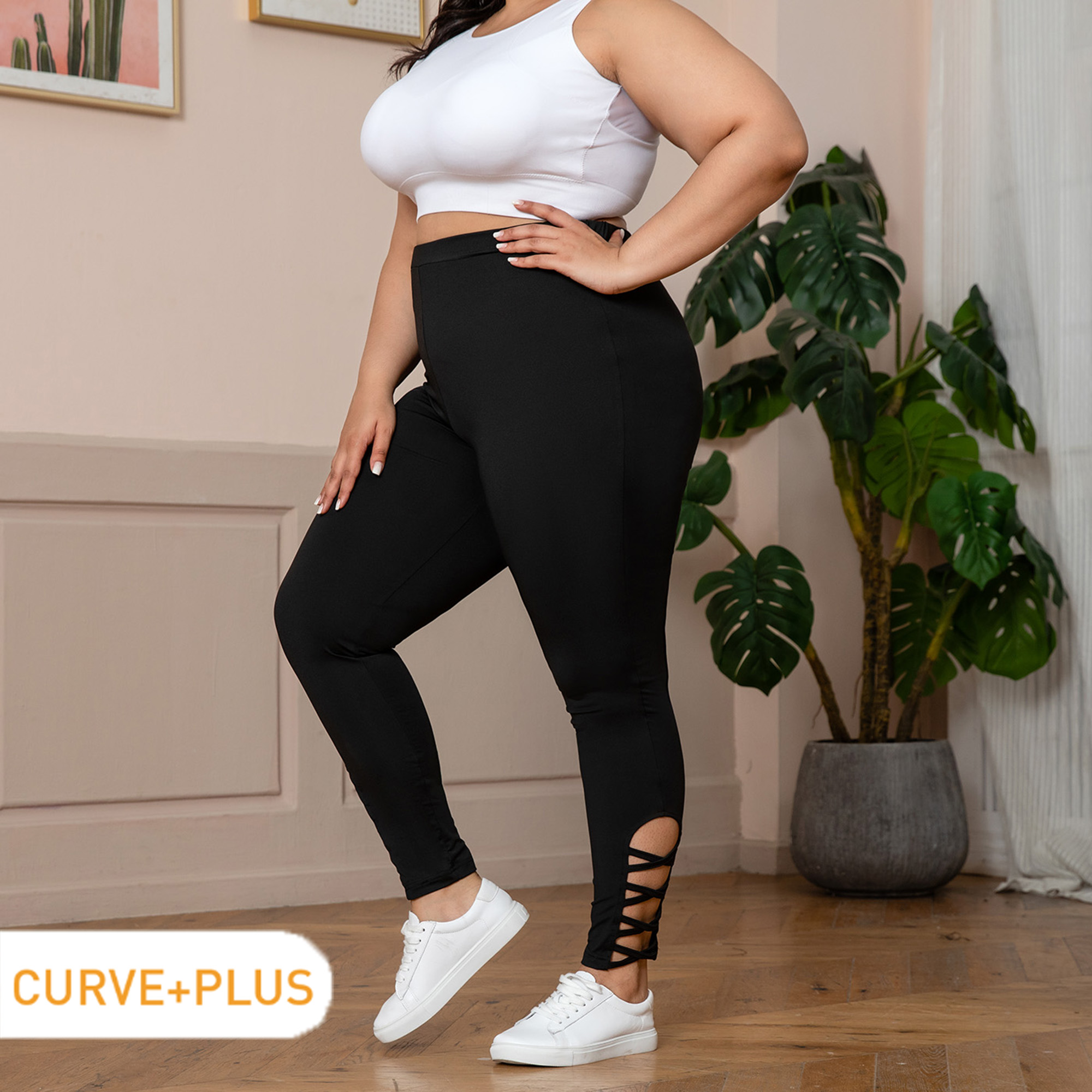 

Women Plus Size Sporty Crisscross Side Yoga Black Leggings