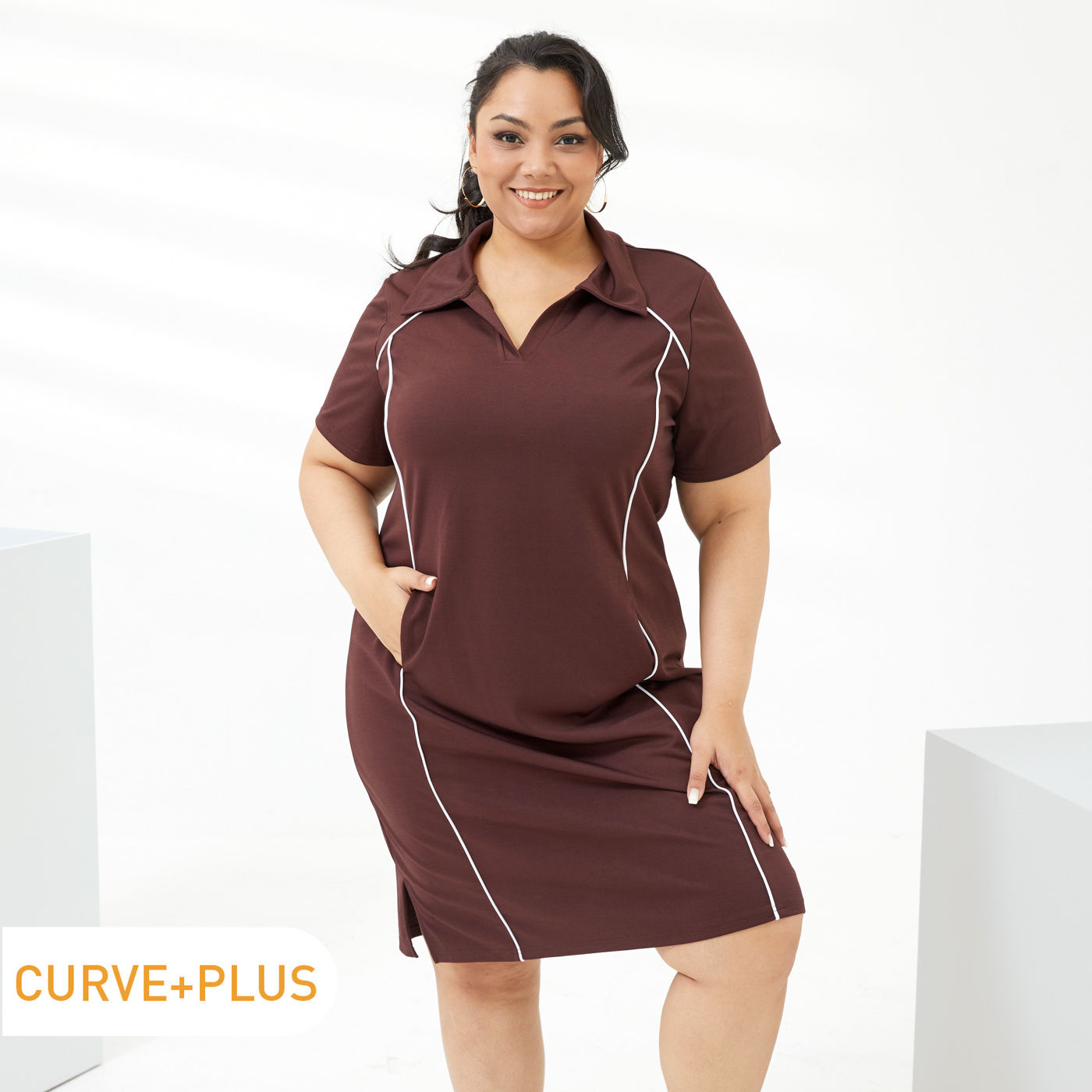 

Women Plus Size Casual Lapel Collar V Neck Side Slit Short-sleeve Coffee Midi Dress with Pocket