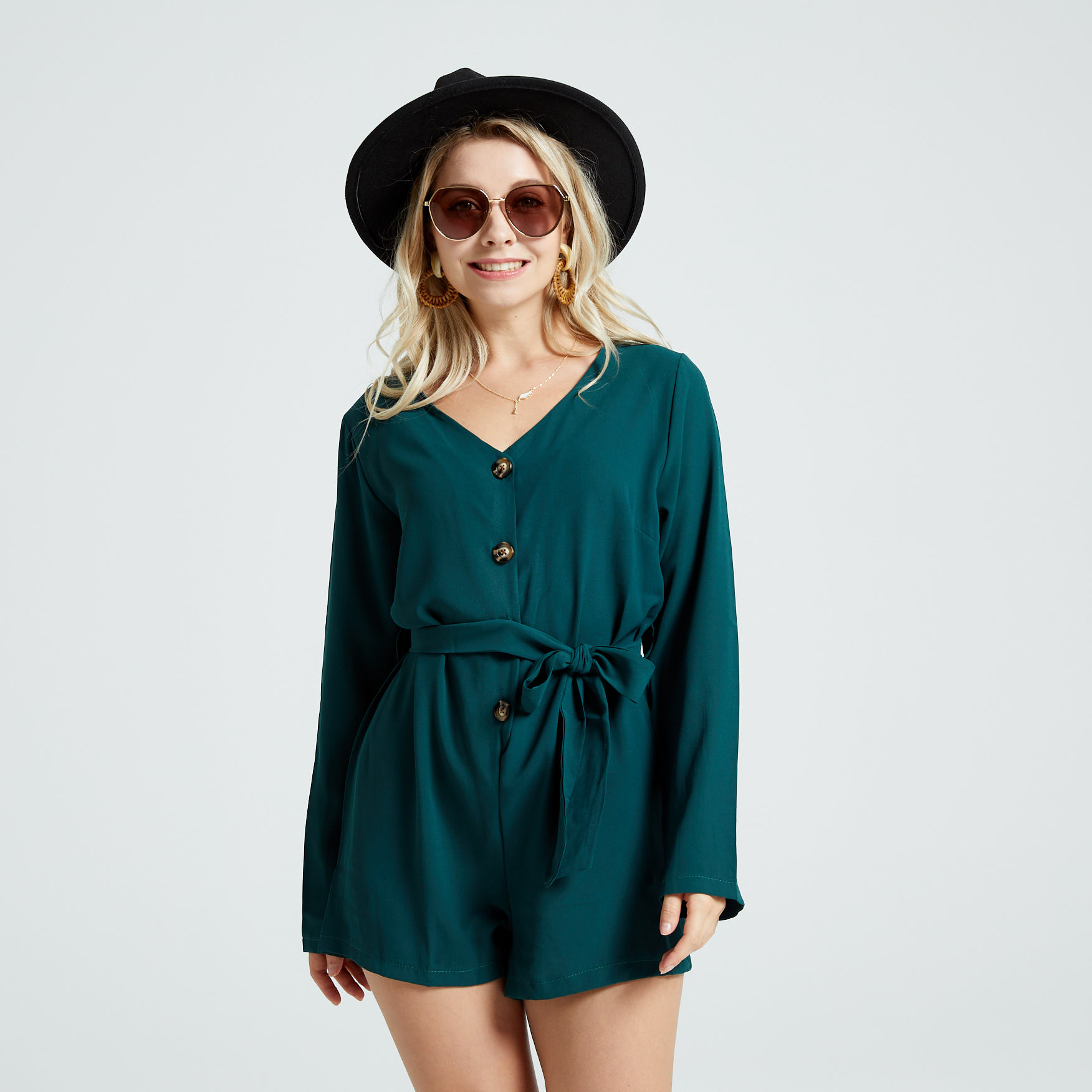 

Front Belted Button V Neck Long-sleeve Dark Green Jumpsuit