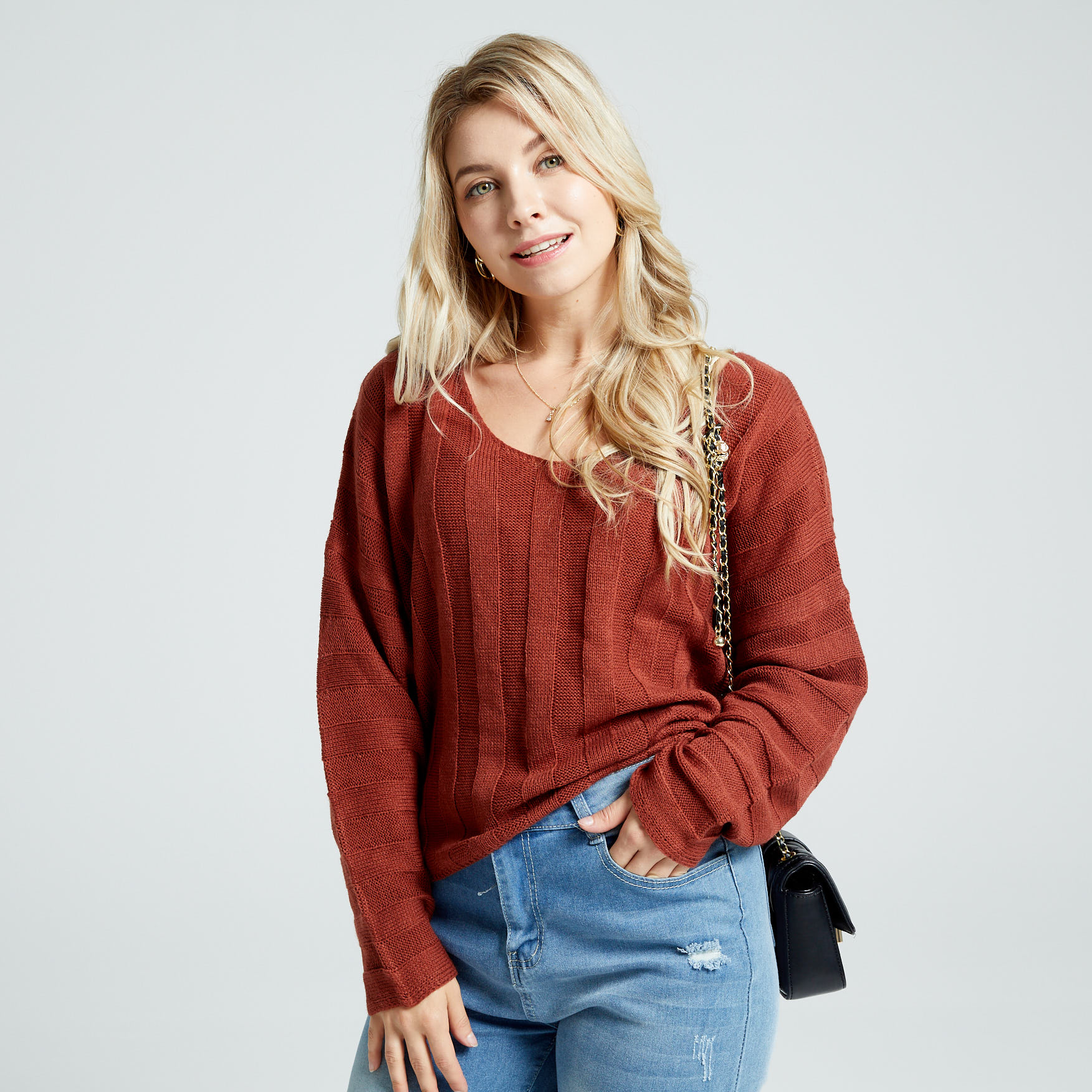 

Brown V Neck Long-sleeve Cable Knit