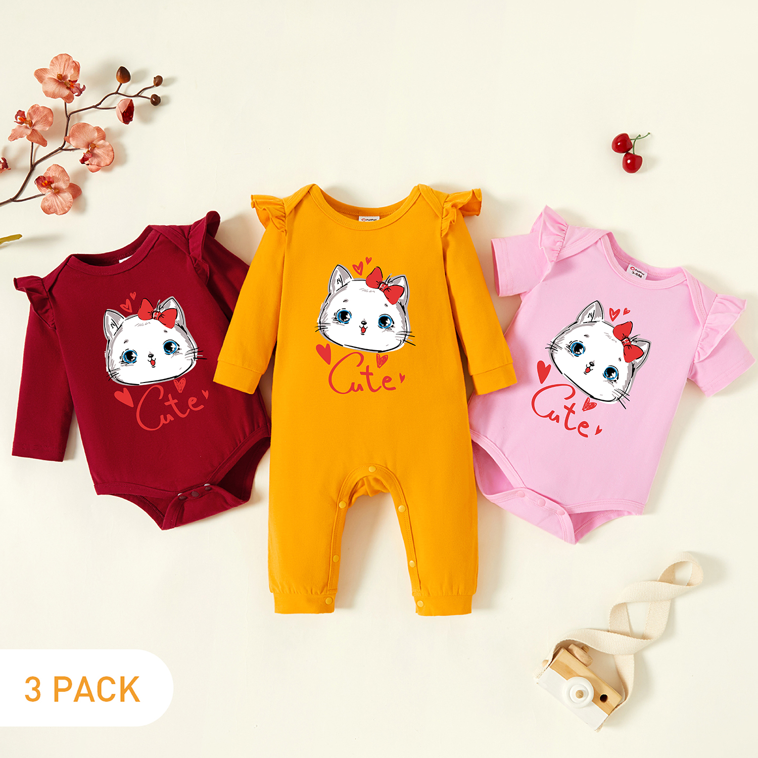 

3-Pack Baby Girl Graphic Heart-shaped and Letter and Cat Print Romper Jumpsuit Set