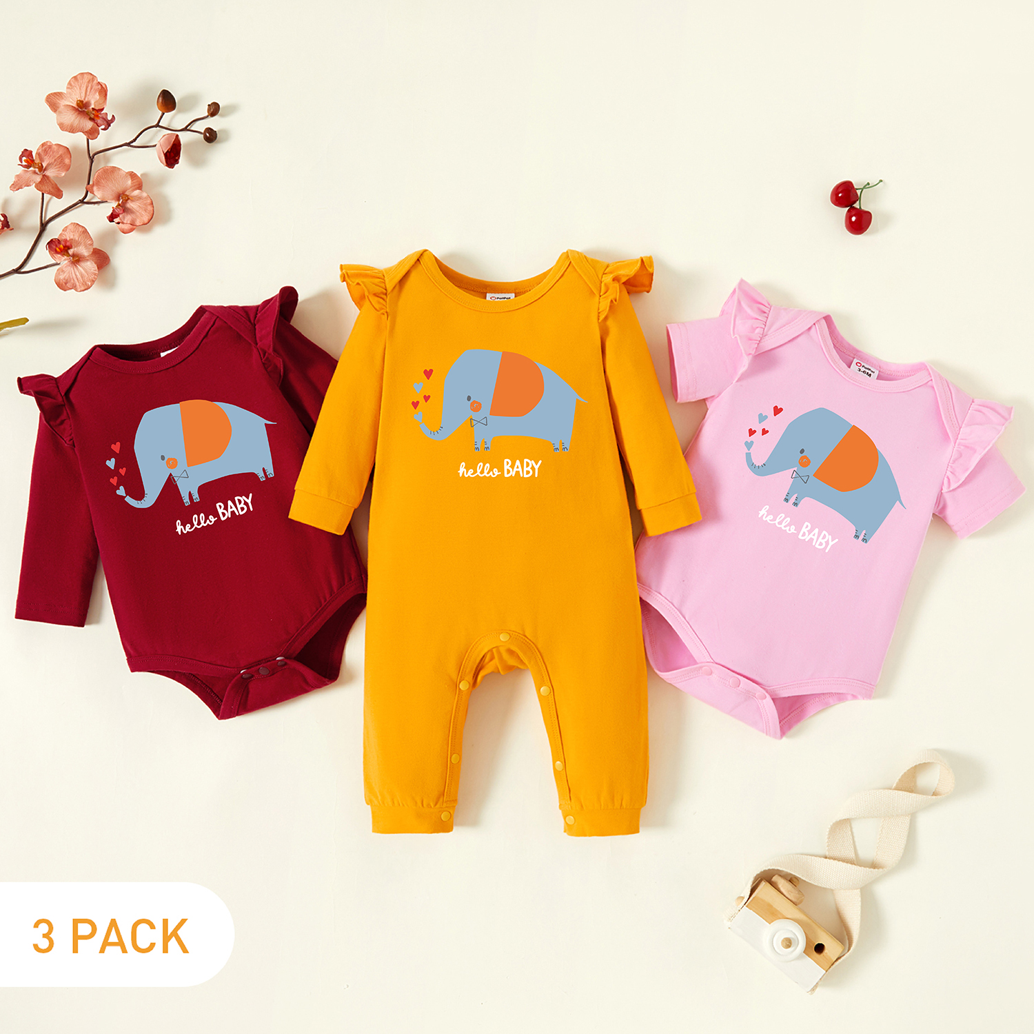 

3-Pack Baby Graphic Flutter-sleeve Romper and Jumpsuit Set