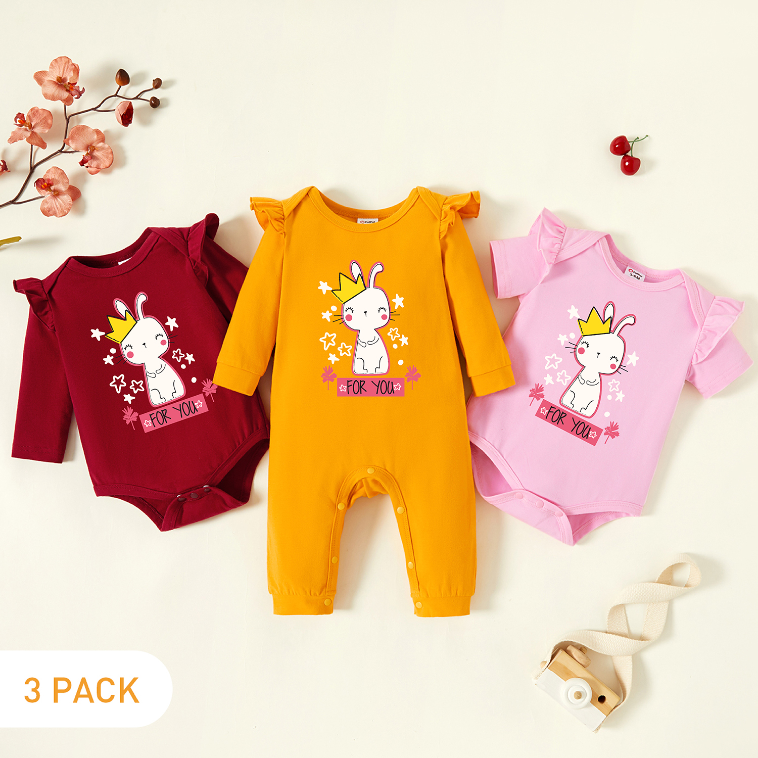 

3-Pack Baby Graphic Flutter-sleeve Romper and Jumpsuit Set