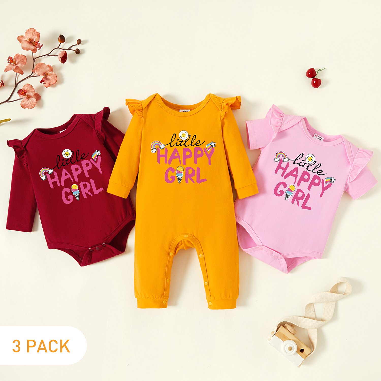 

3-Pack Baby Graphic Flutter-sleeve Romper and Jumpsuit Set