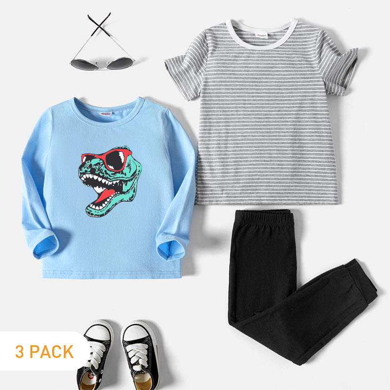 

3-Pack Toddler Boy Graphic Dinosaur Print Long-sleeve Tee & Striped Short-sleeve Tee & Pants Set