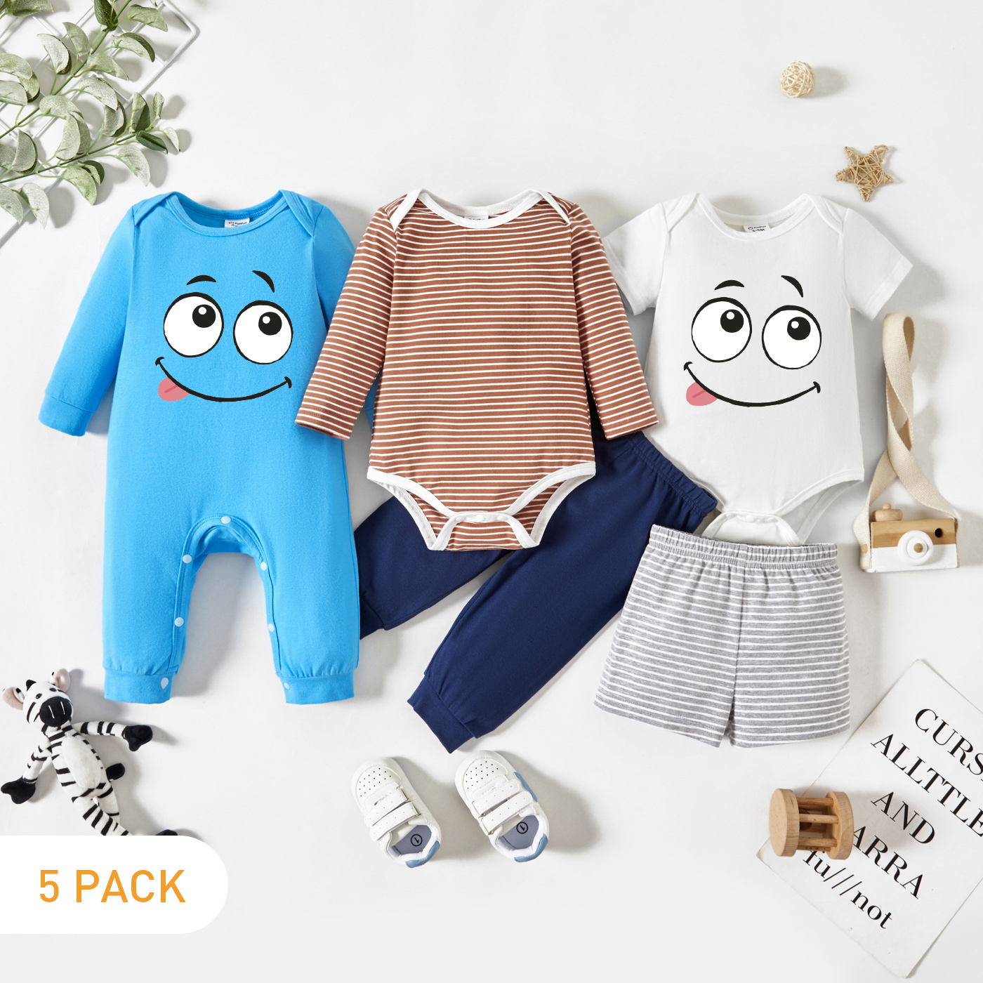 

5-Pack Baby Graphic Emoji Print Striped Romper Jumpsuit Pants Set