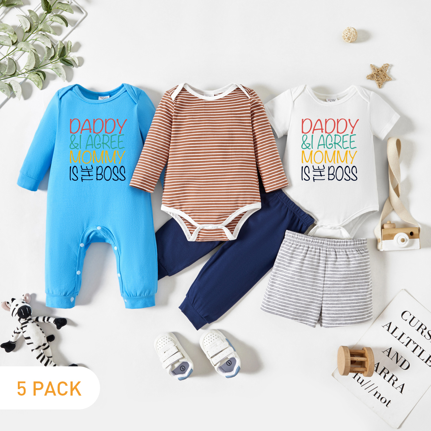 

5-Pack Baby Graphic Letter Print Striped Romper Jumpsuit Pants Set