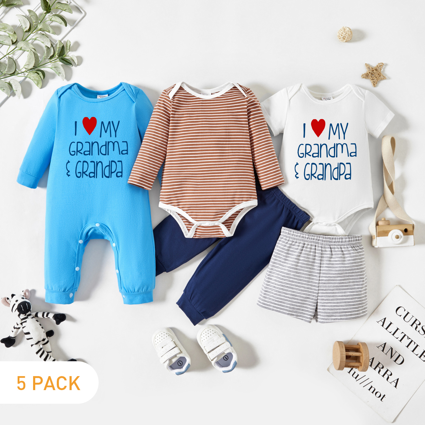 

5-Pack Baby Graphic Letter and Heart-shaped Print Striped Romper Jumpsuit Pants Set