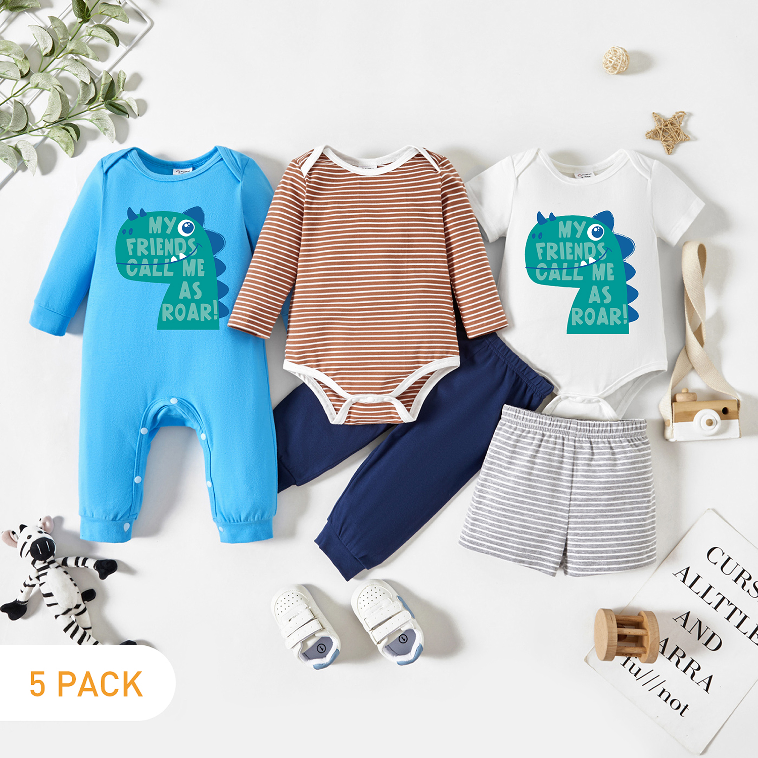 

5-Pack Baby Graphic & Striped Romper Jumpsuit Pants Set
