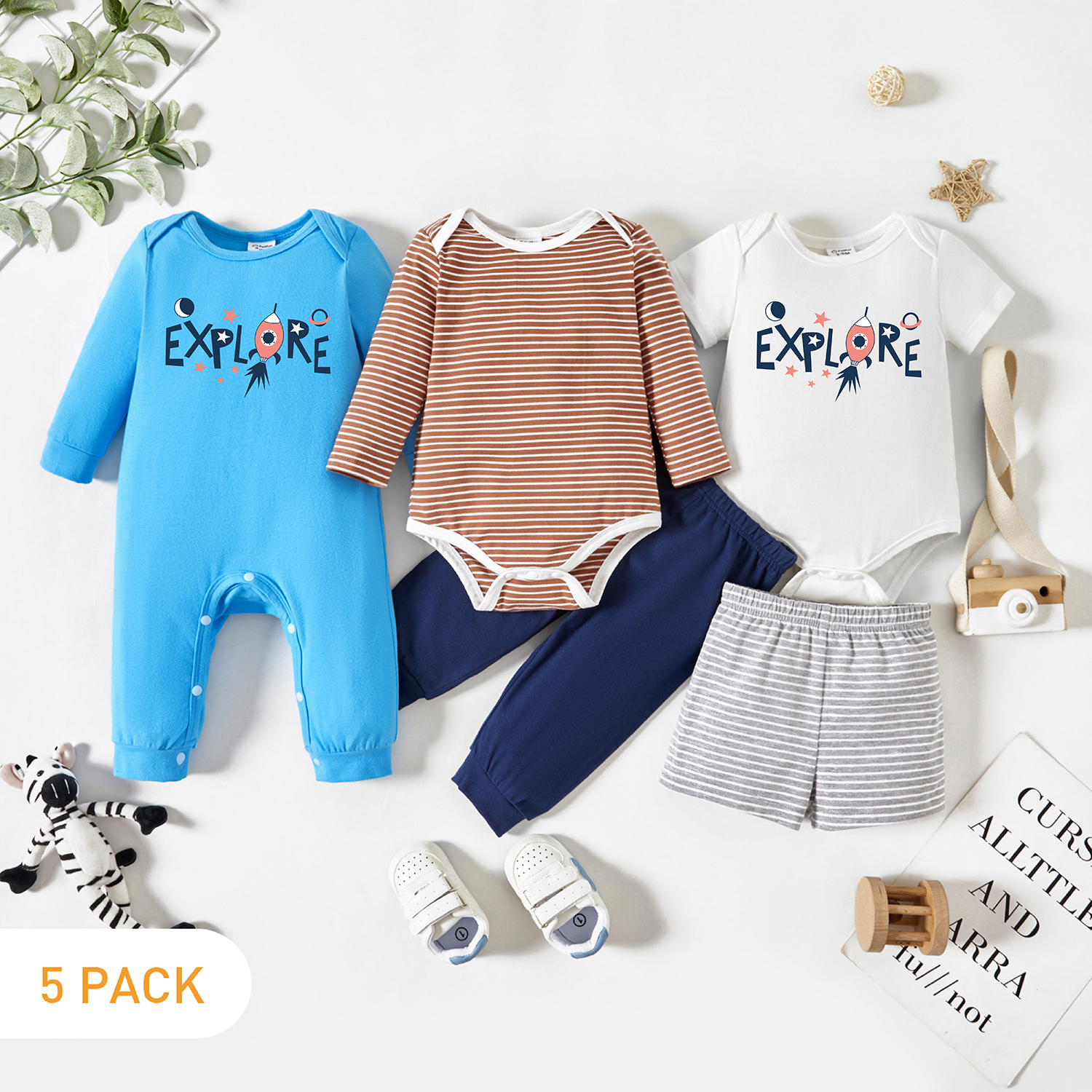 

5-Pack Baby Graphic & Striped Romper Jumpsuit Pants Set