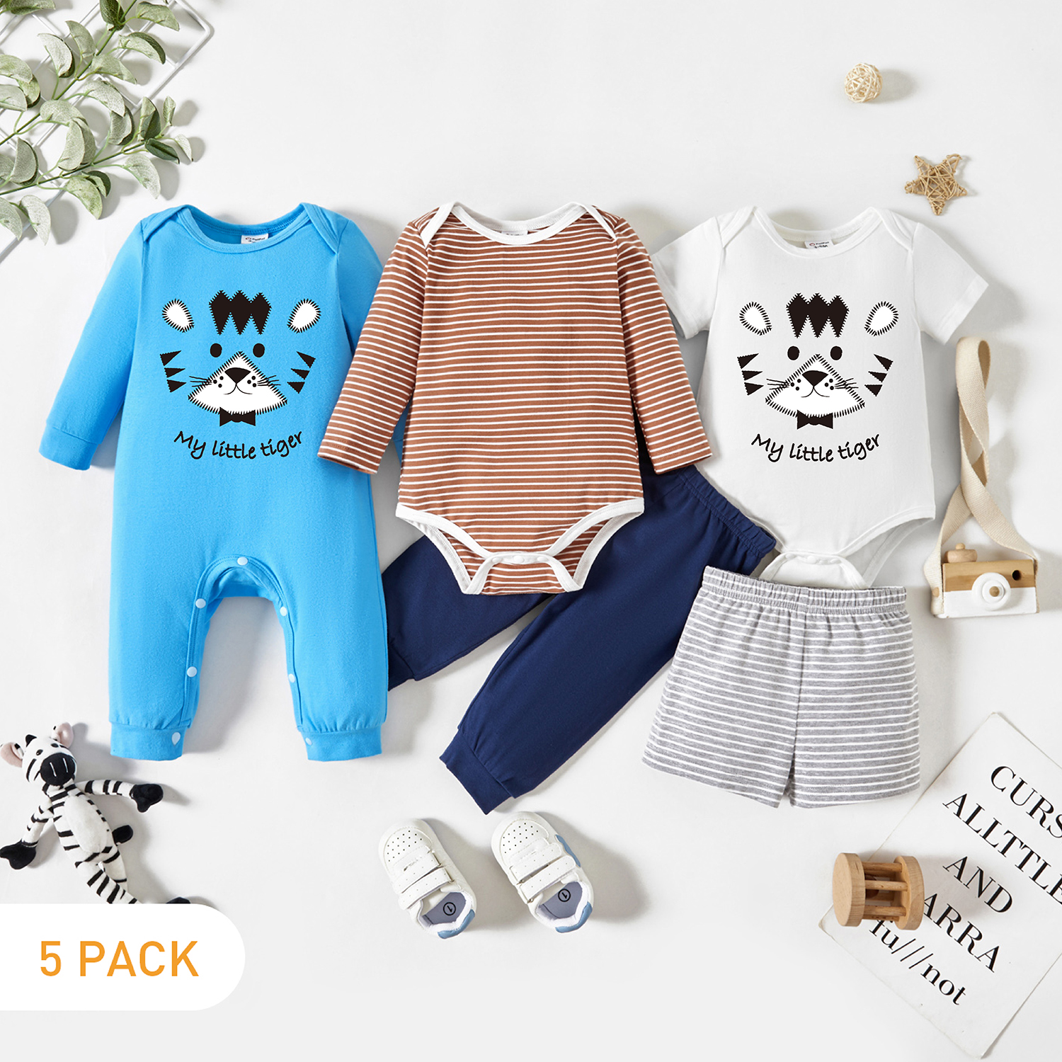 

5-Pack Baby Graphic & Striped Romper Jumpsuit Pants Set
