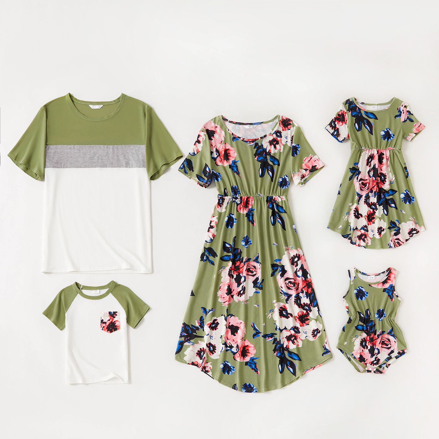 

Family Matching Short-sleeve Crewneck Floral Print Green Dresses and T-shirts Sets