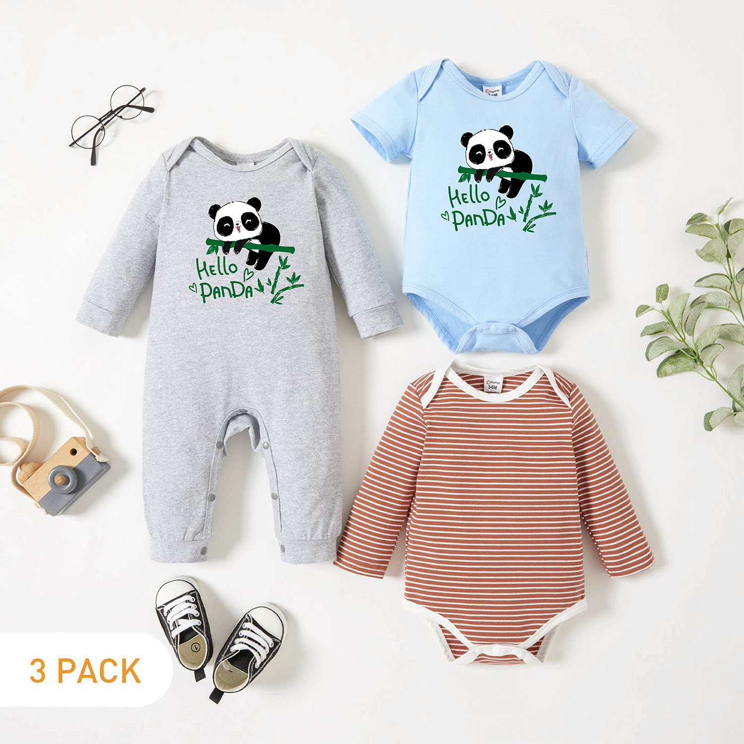 

3-Pack Baby Graphic Panda and Heart-shaped and Letter Print Striped Romper Jumpsuit Set