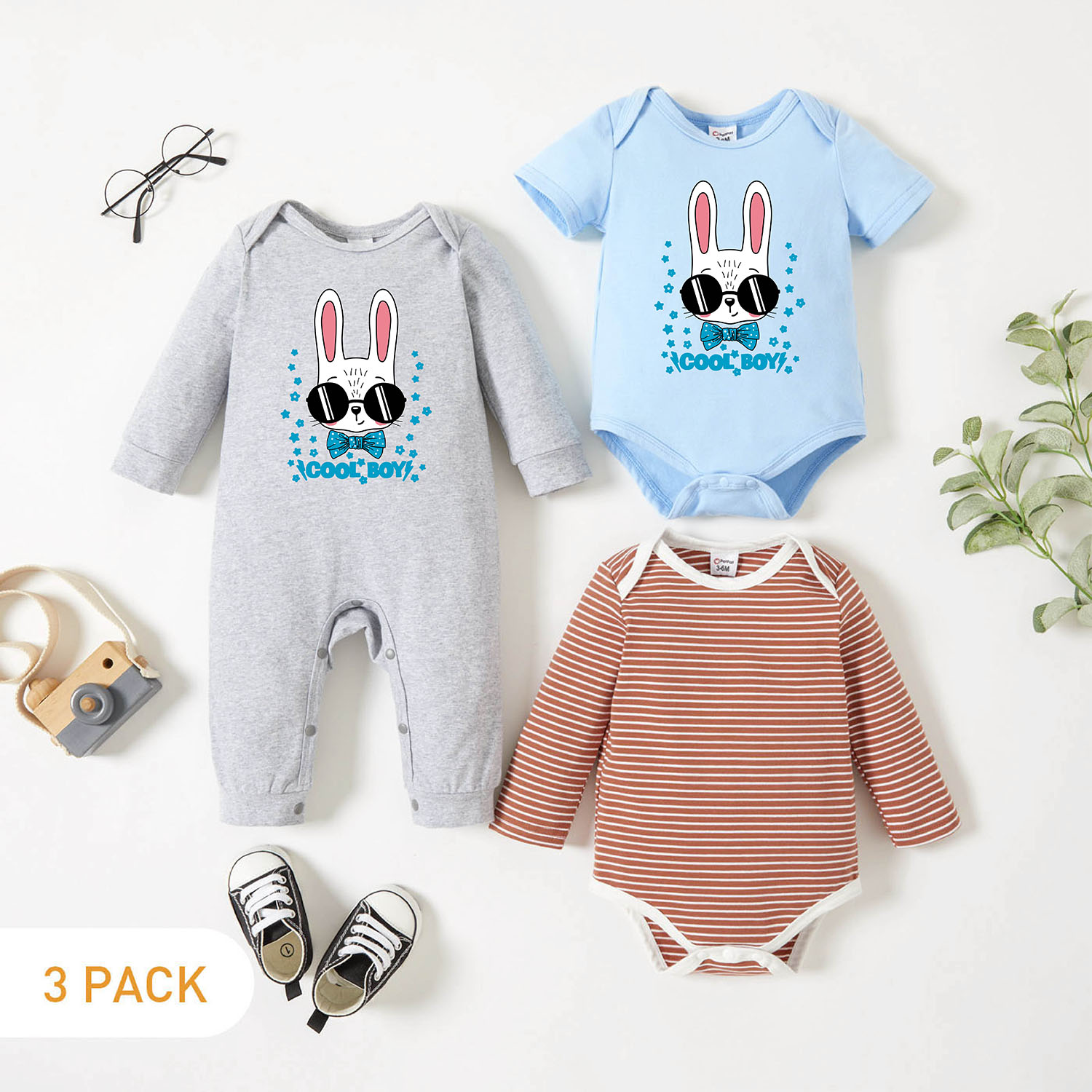 

3-Pack Baby Graphic & Striped Romper Jumpsuit Set