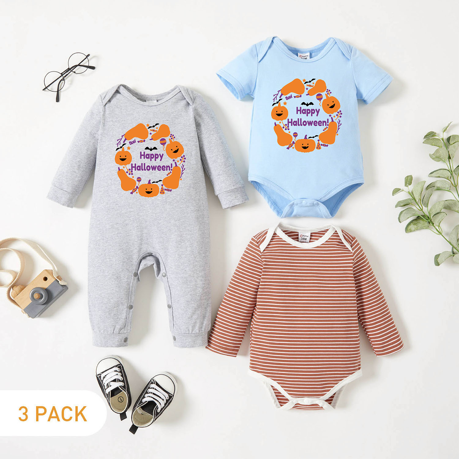

3-Pack Baby Graphic & Striped Romper Jumpsuit Set