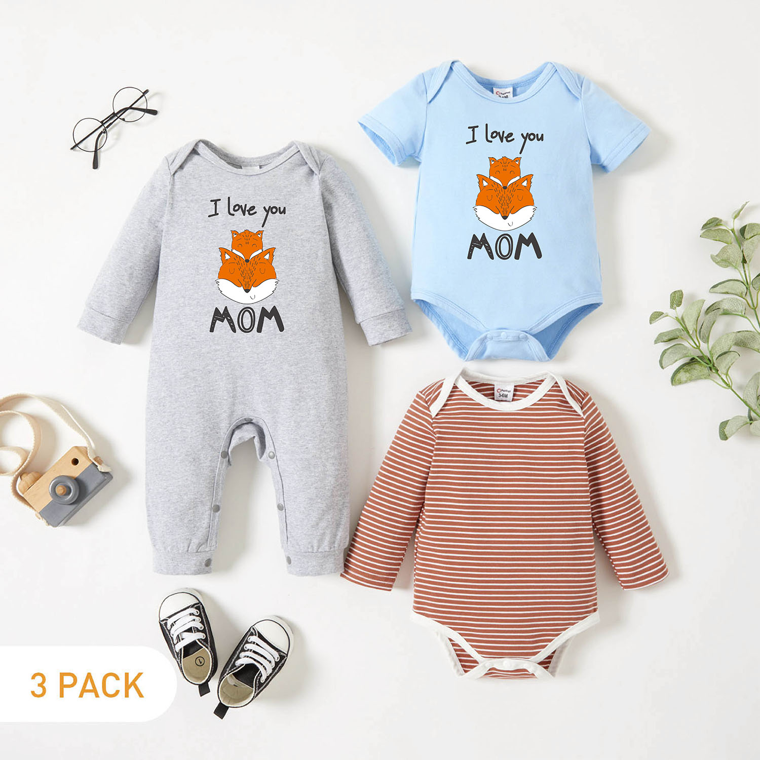 

3-Pack Baby Graphic & Striped Romper Jumpsuit Set