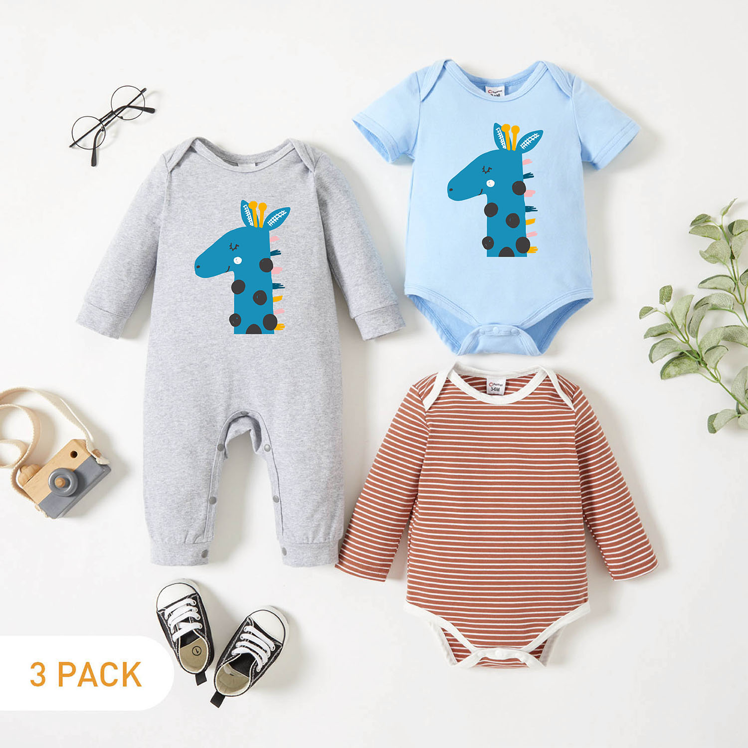 

3-Pack Baby Graphic & Striped Romper Jumpsuit Set