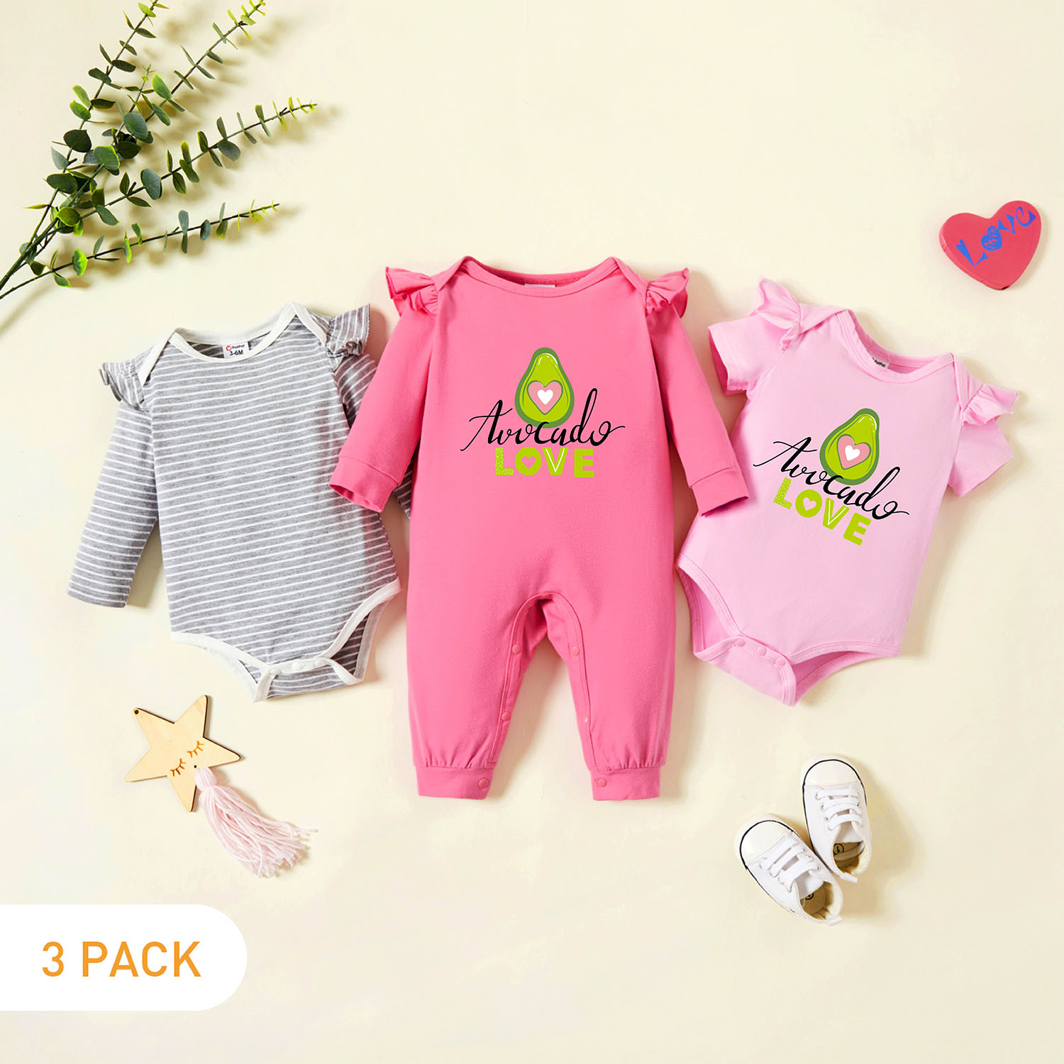 

3-Pack Baby Graphic & Striped Ruffled Romper Jumpsuit Set