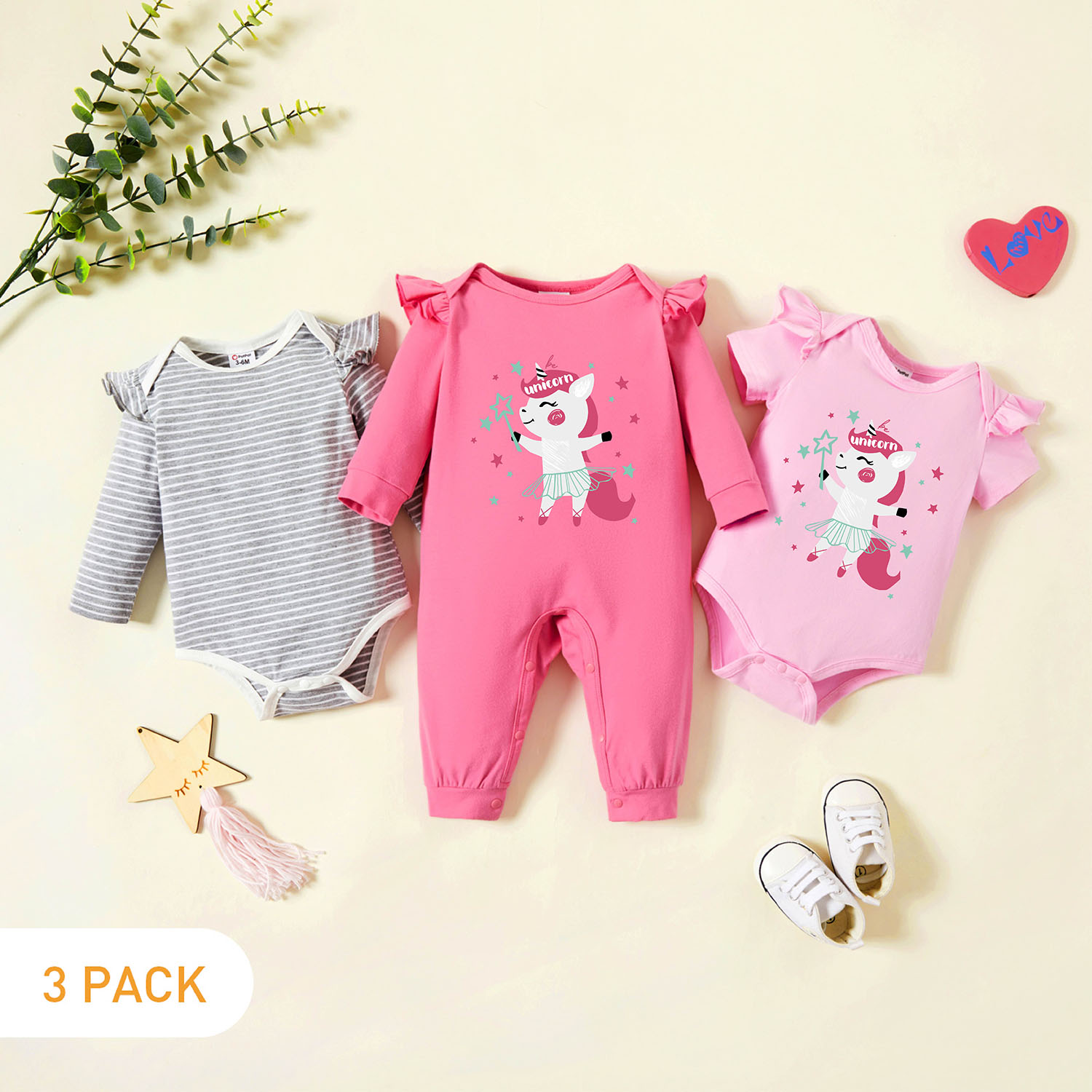 

3-Pack Baby Graphic & Striped Ruffled Romper Jumpsuit Set