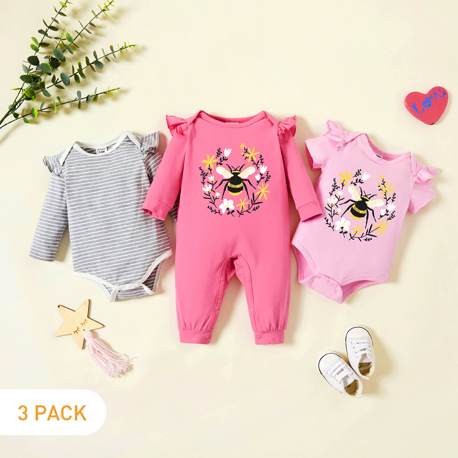 

3-Pack Baby Graphic & Striped Ruffled Romper Jumpsuit Set
